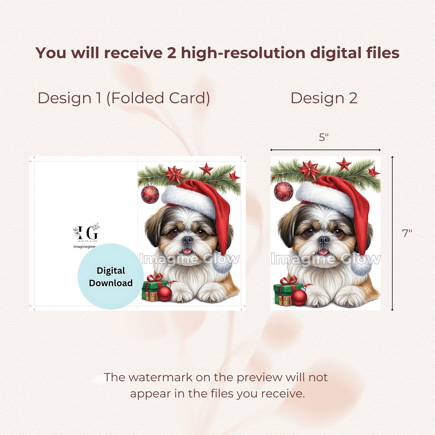 Festive Shih Tzu dog Christmas card, printable for easy holiday wishes.