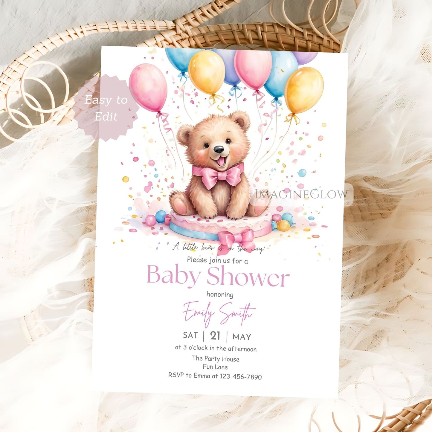 Bear baby shower invitation girl with pink flowers