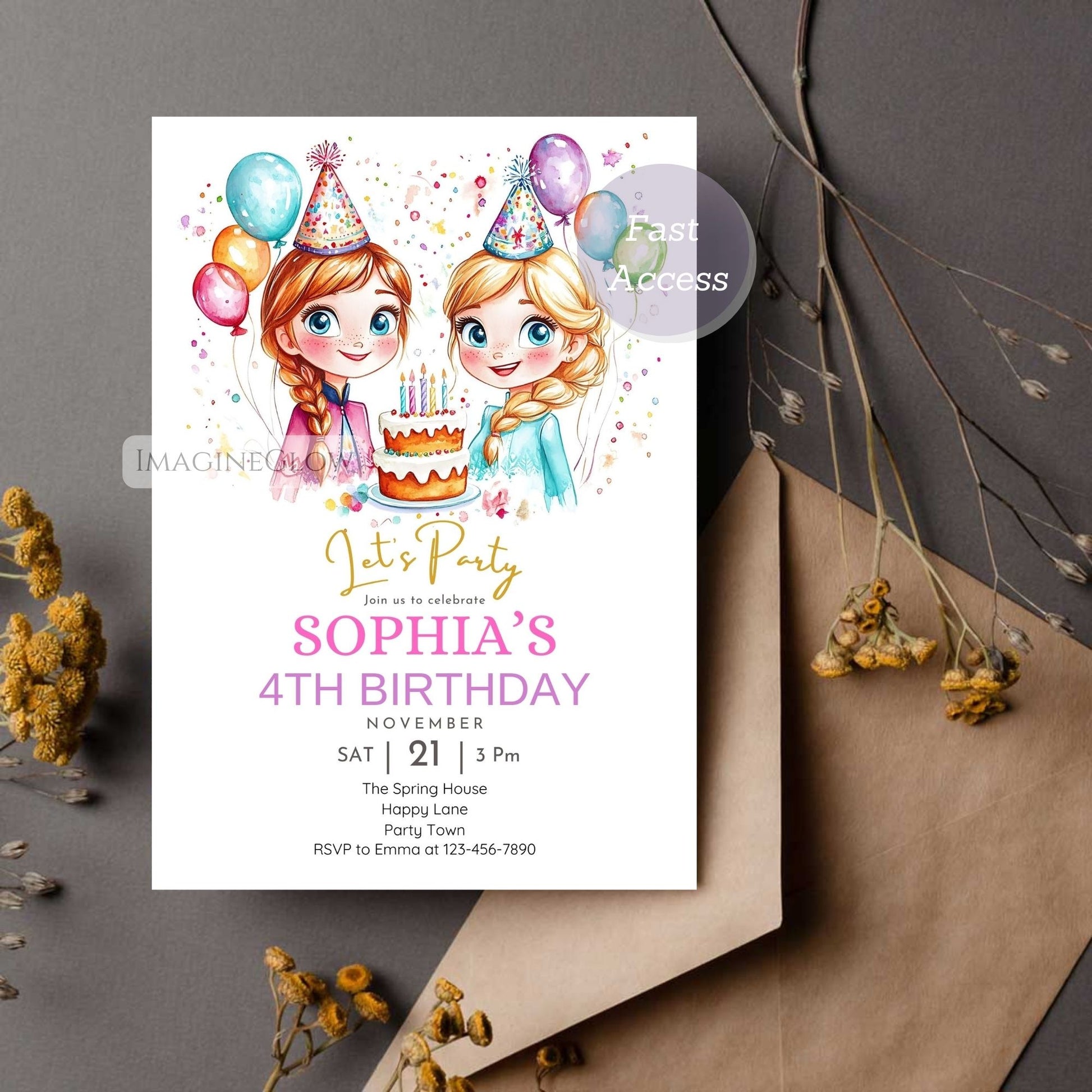 Elsa and Anna winter invite
Snowy Frozen birthday card