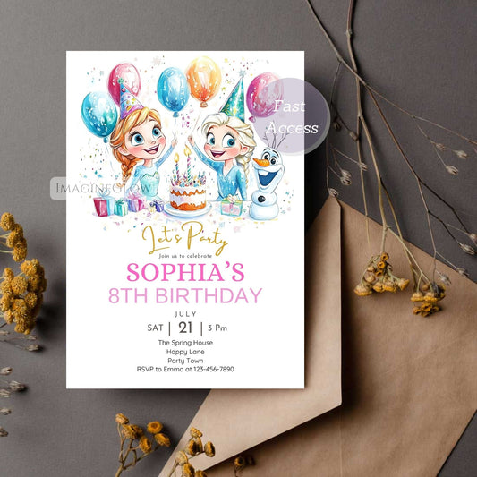 Frozen birthday invitation with Elsa, Anna, and Olaf