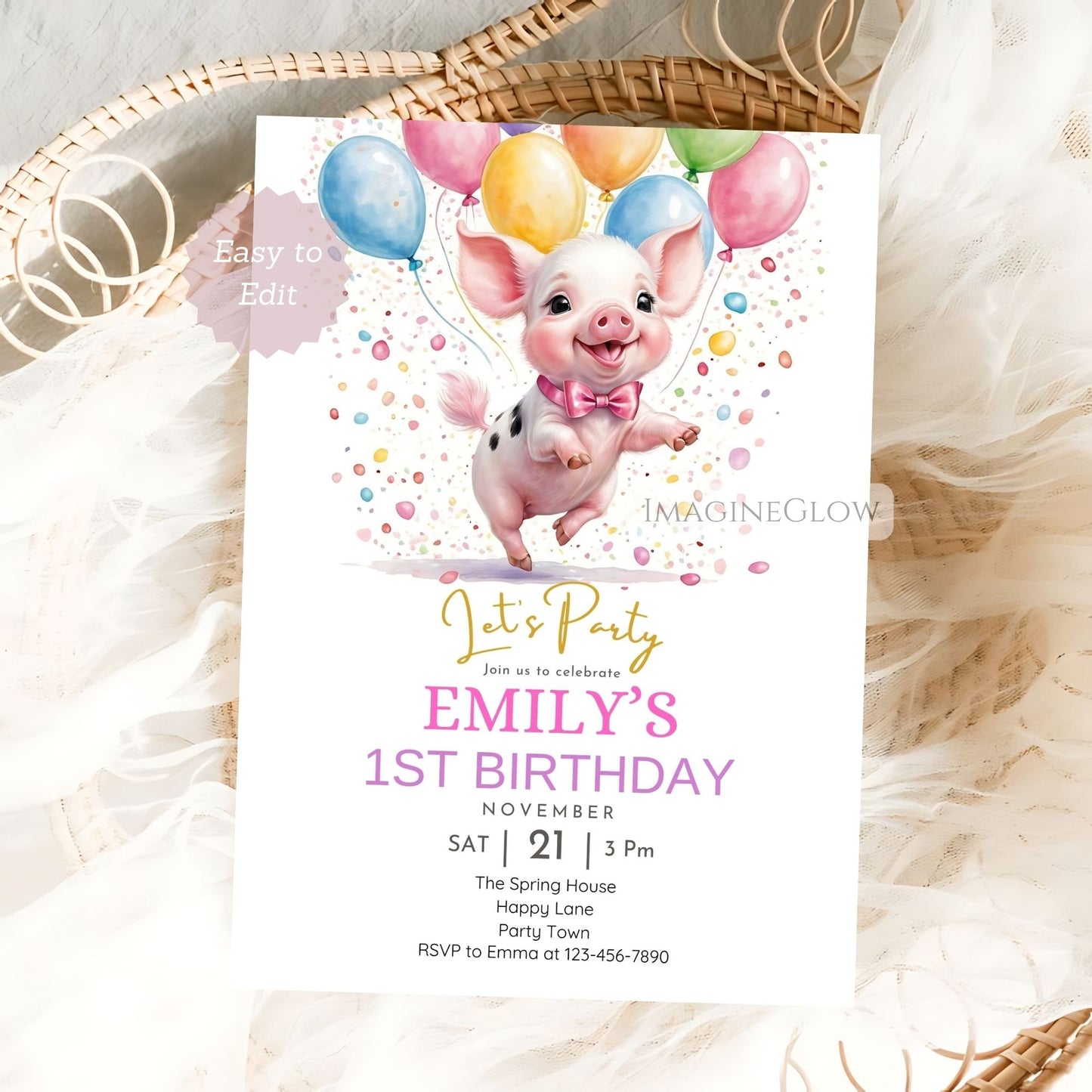 Farm animal theme pig birthday invitation
Digital pig birthday invite for easy sharing