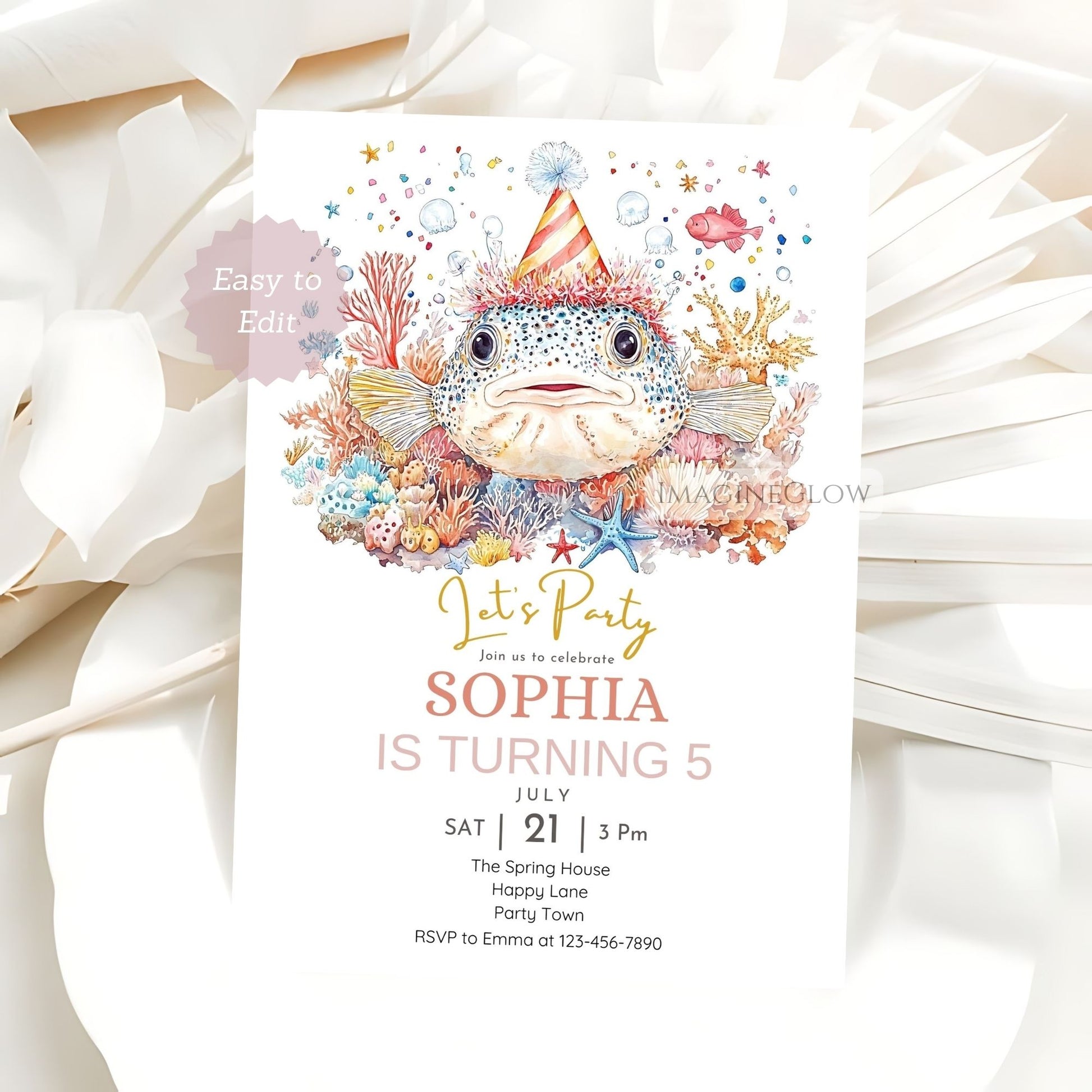 Editable pufferfish birthday template