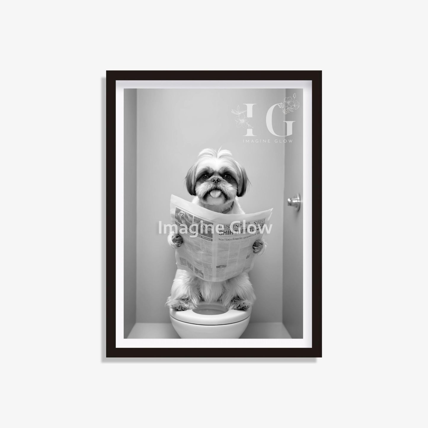 Funny bathroom wall art showcasing a playful Shih Tzu in a toilet