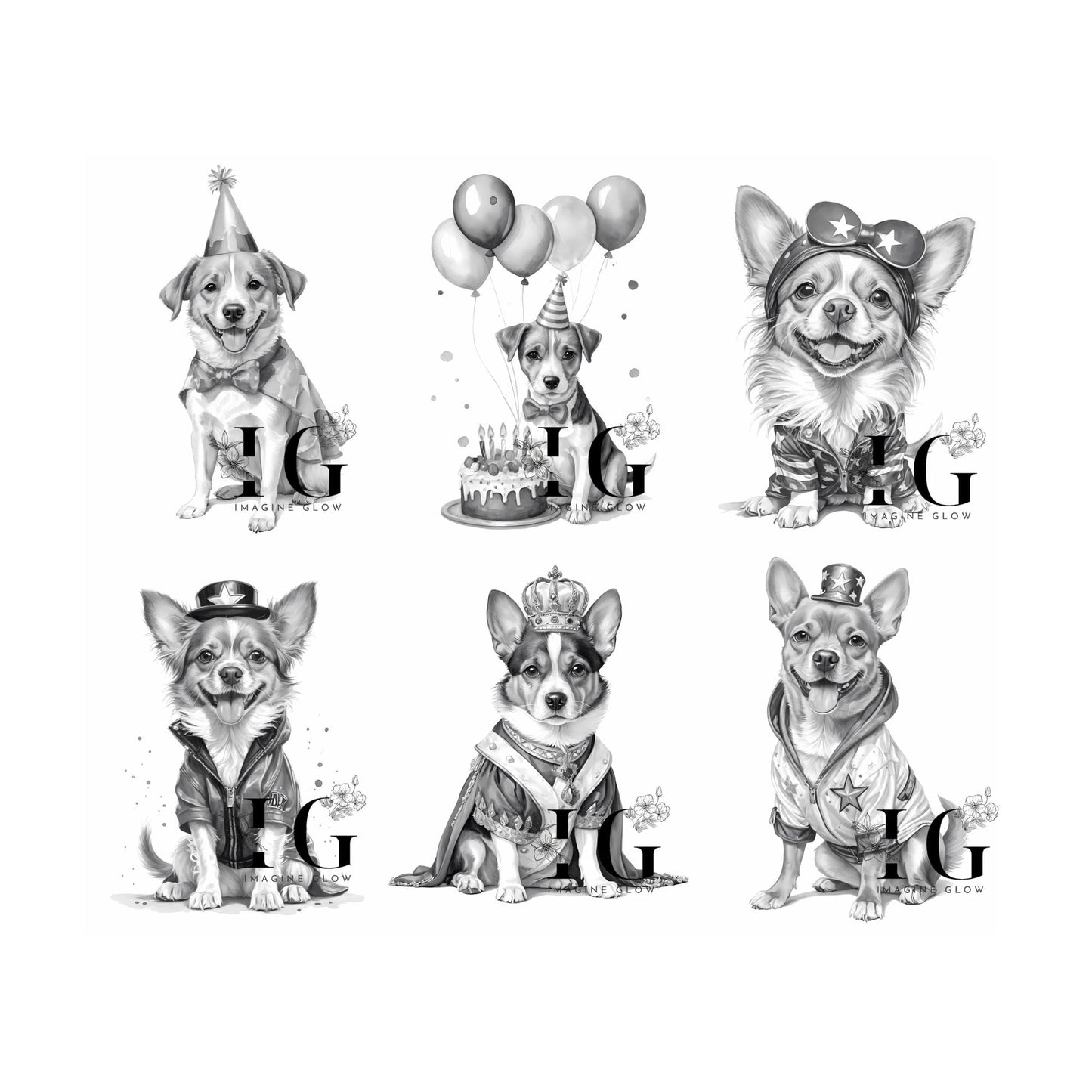 Funny dog costume designs available as printable coloring pages.