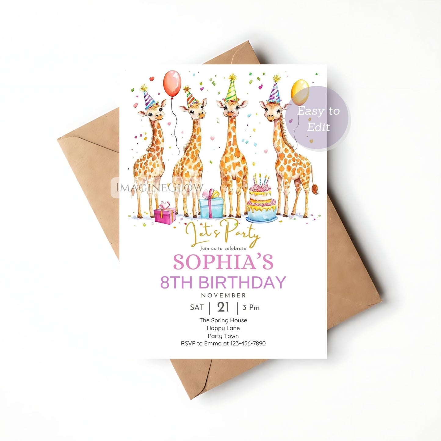 Wild animal birthday party invitation with giraffe