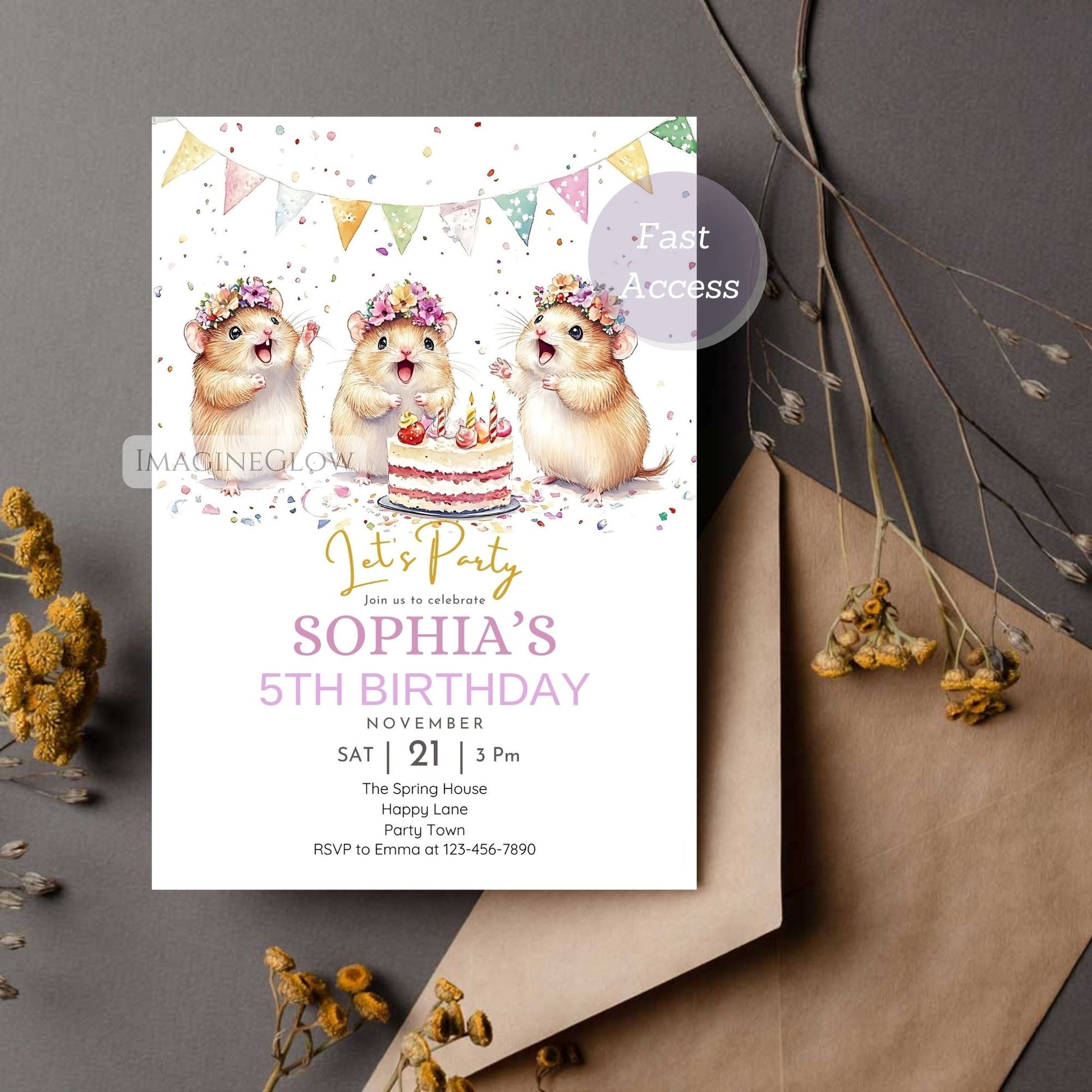 Birthday invitation with cartoon hamster and mouse
