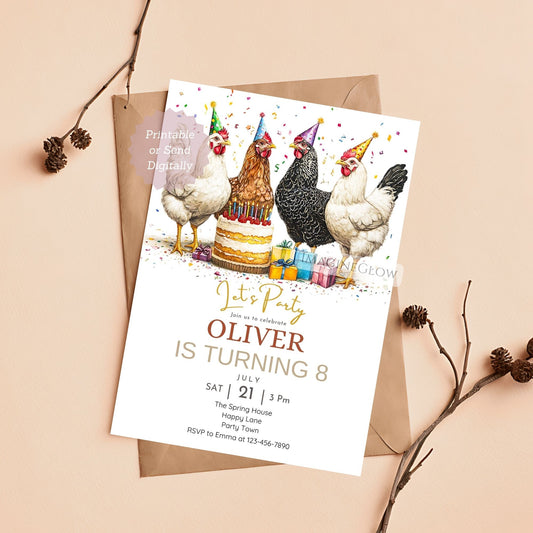 Chicken birthday invitation with hen and rooster