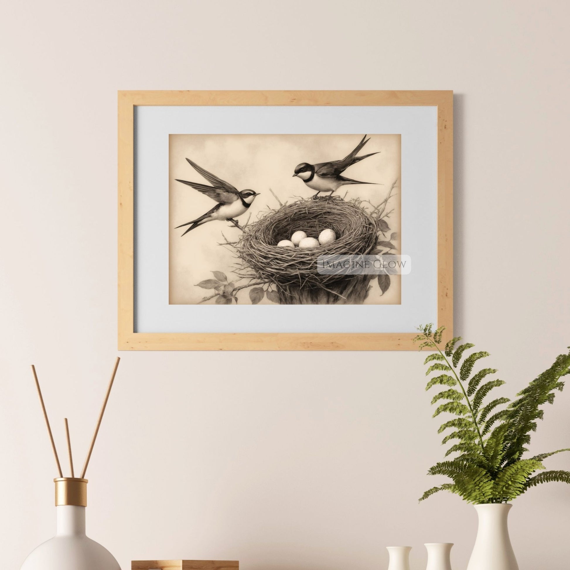 Antique swallow nest illustration with eggs