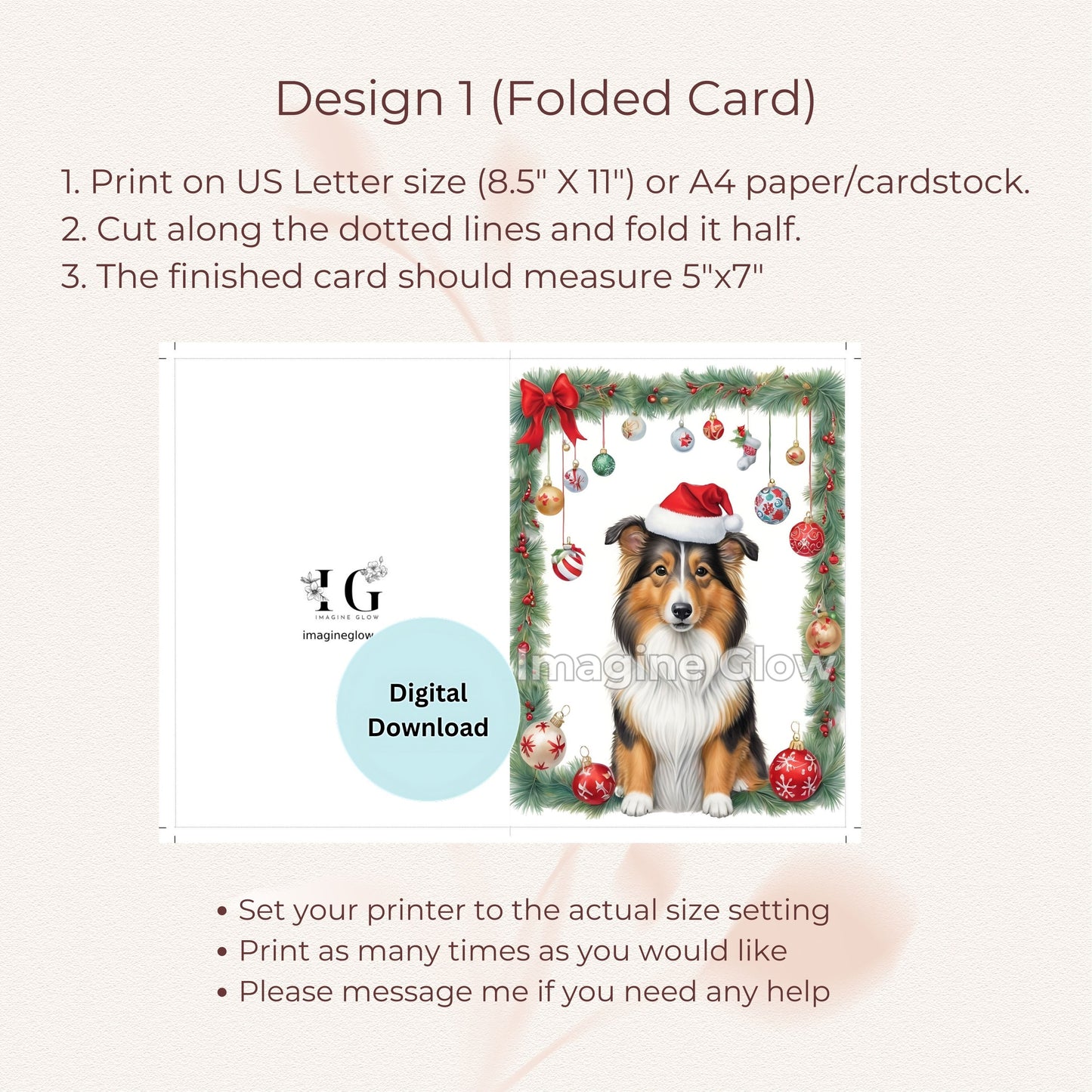 Holiday greeting card featuring a Rough Collie dog, printable.
