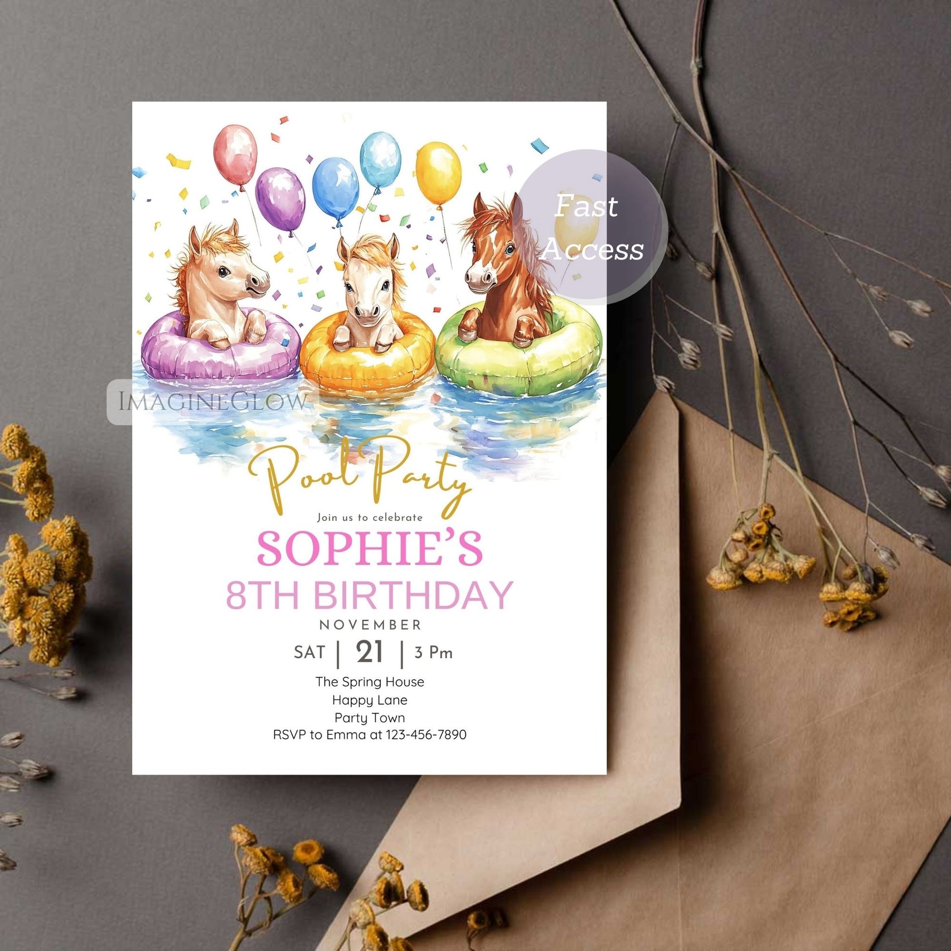 Editable pony birthday invitation with summer theme