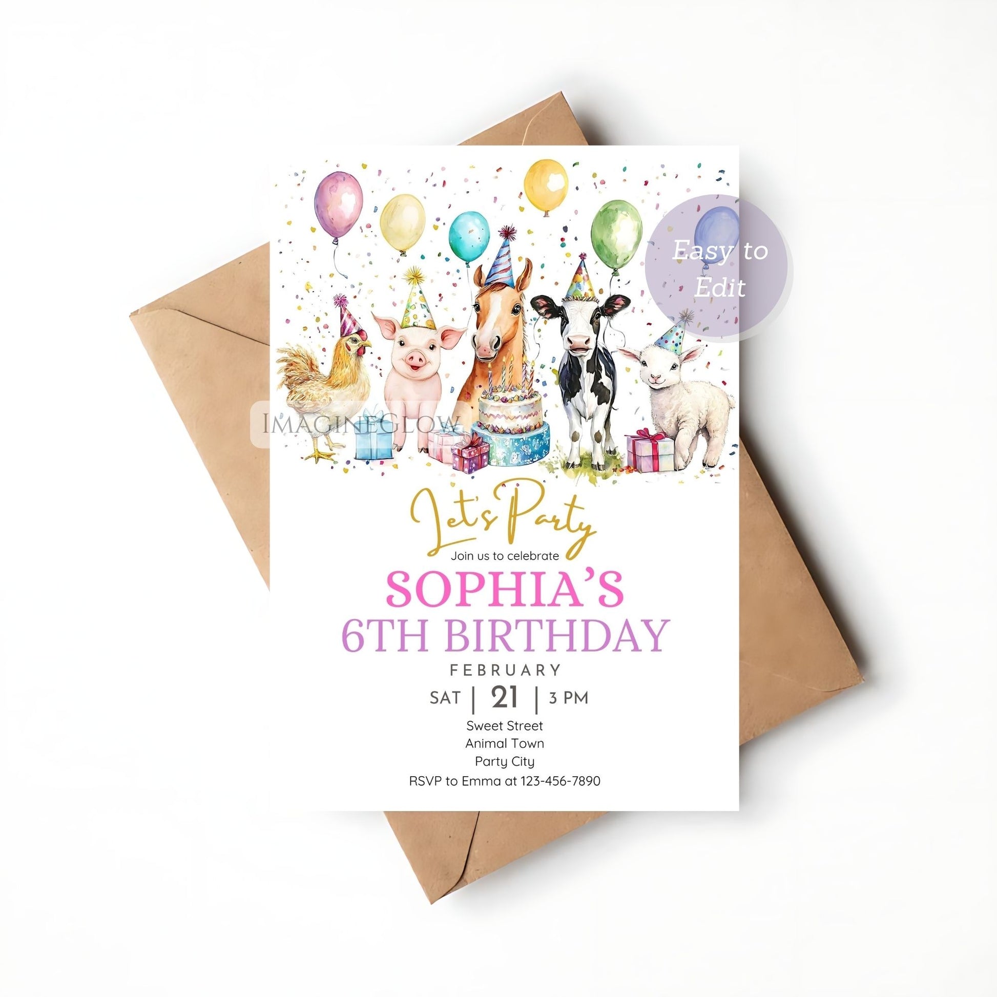 Rustic farm animal birthday card for children