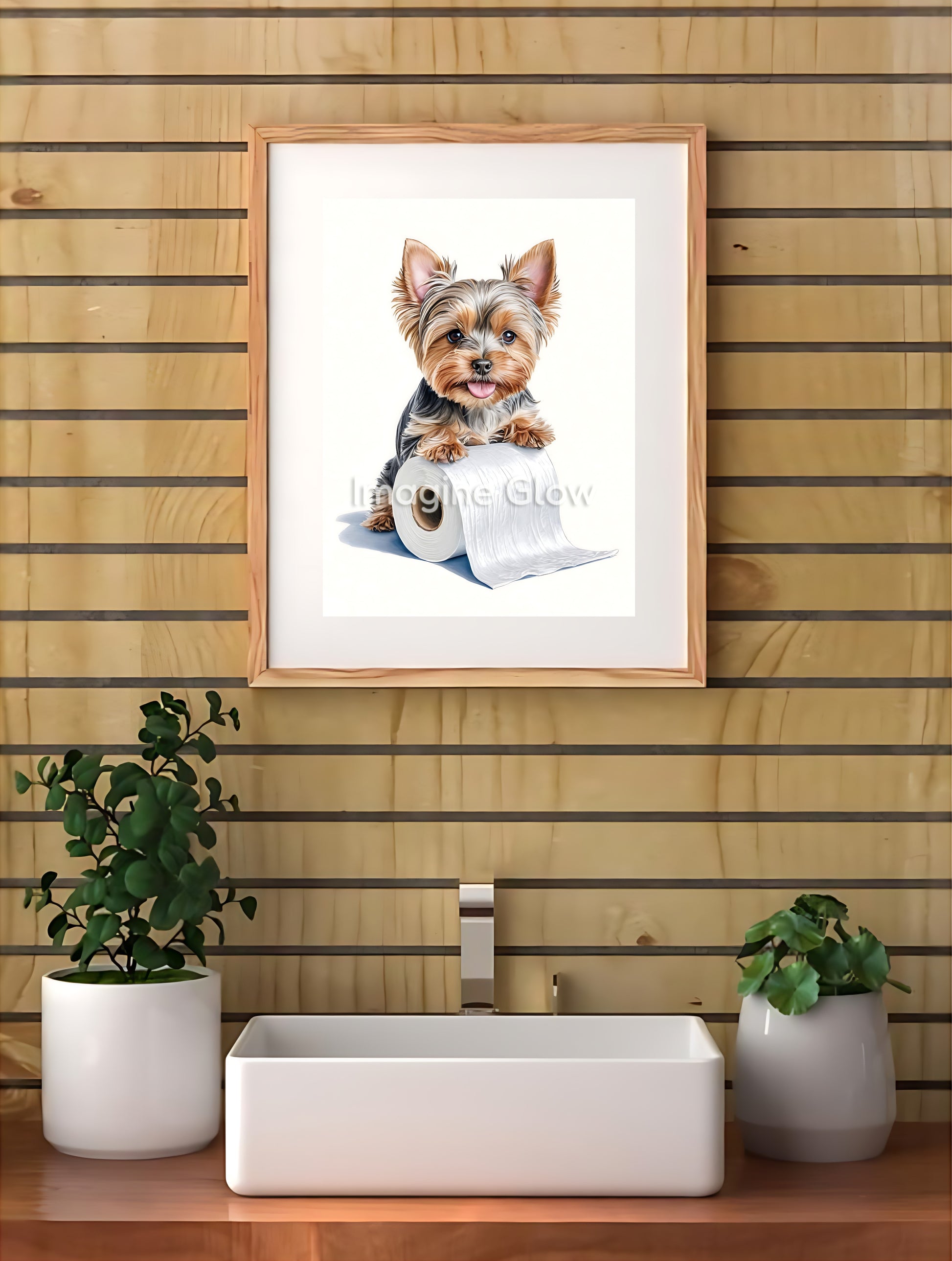 Humorous bathroom printable featuring a Yorkshire Terrier in a toilet setting
