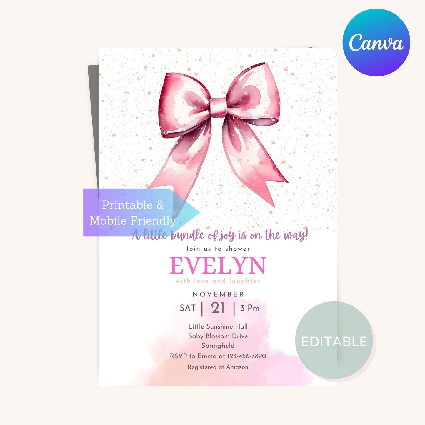 First birthday invitation featuring a pink bow, perfect for a girl’s party.