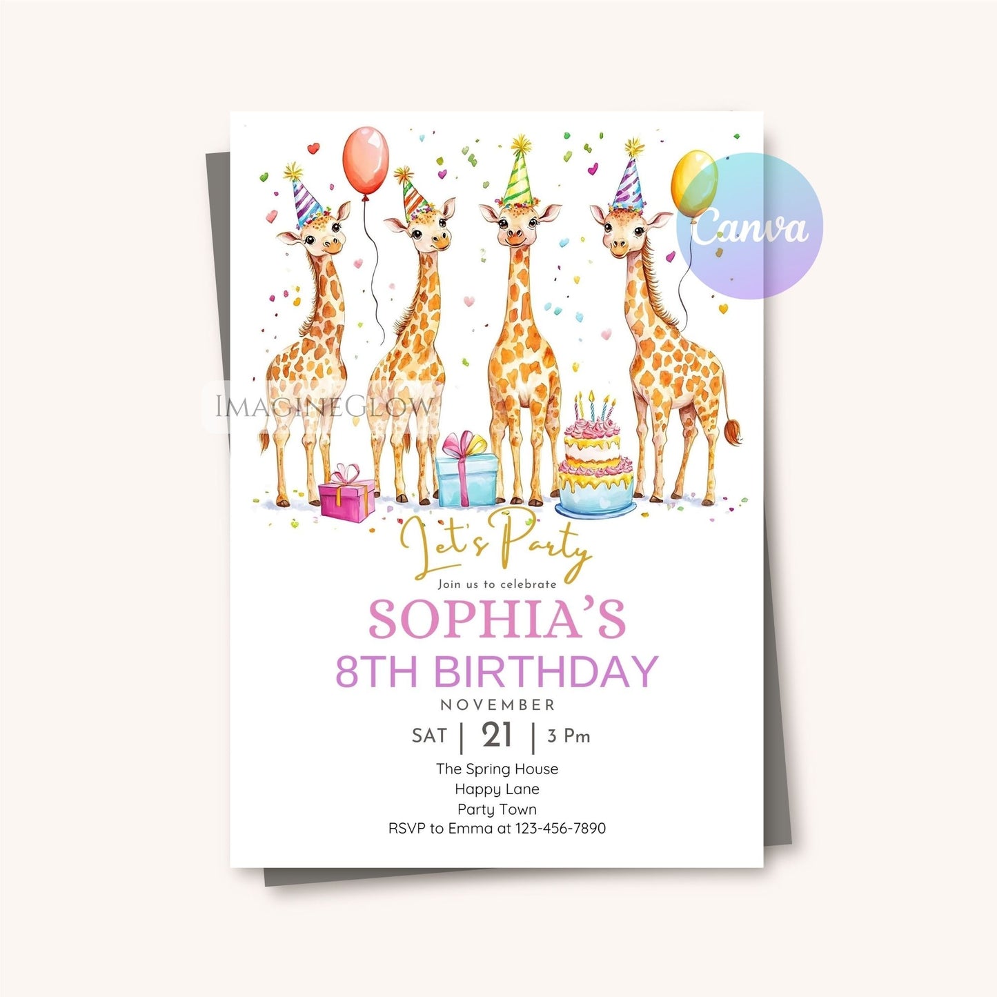 Printable jungle party giraffe invite for kids Cartoon giraffe party card for animal-themed celebration
Fun and colorful giraffe birthday invitation editable