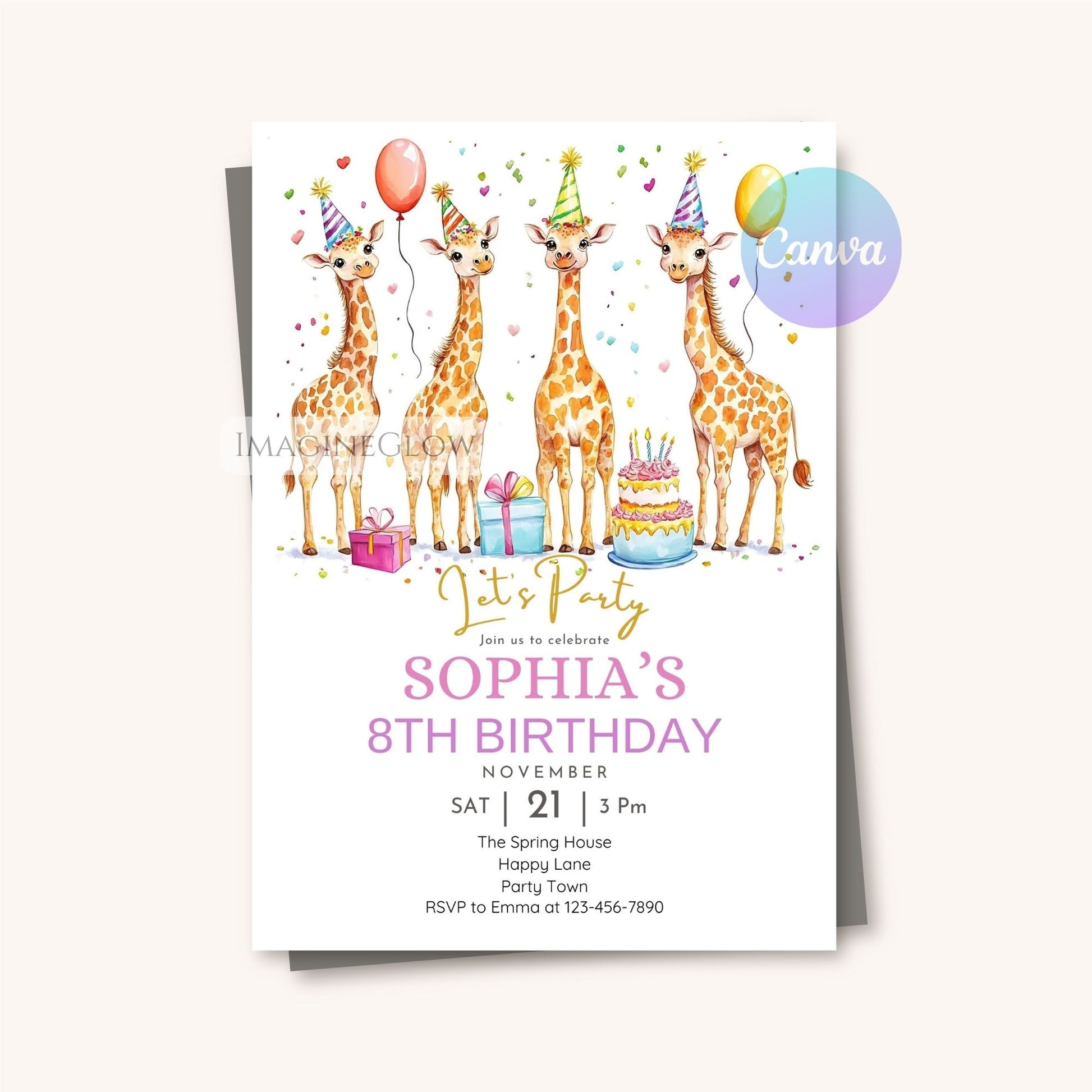 Printable jungle party giraffe invite for kids Cartoon giraffe party card for animal-themed celebration
Fun and colorful giraffe birthday invitation editable