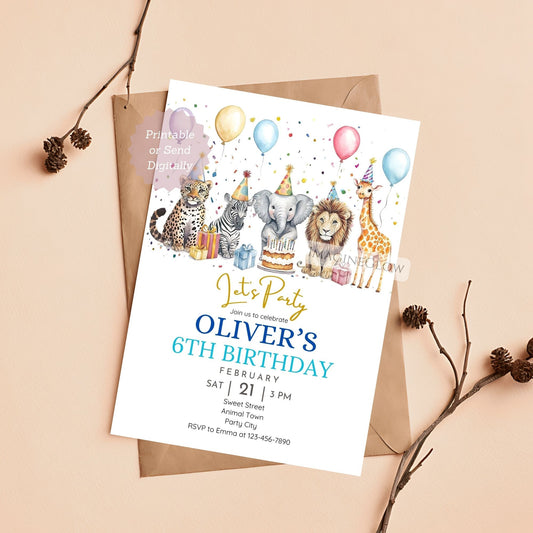 Safari animal birthday invitation with lion cheetah zebra giraffe elephant