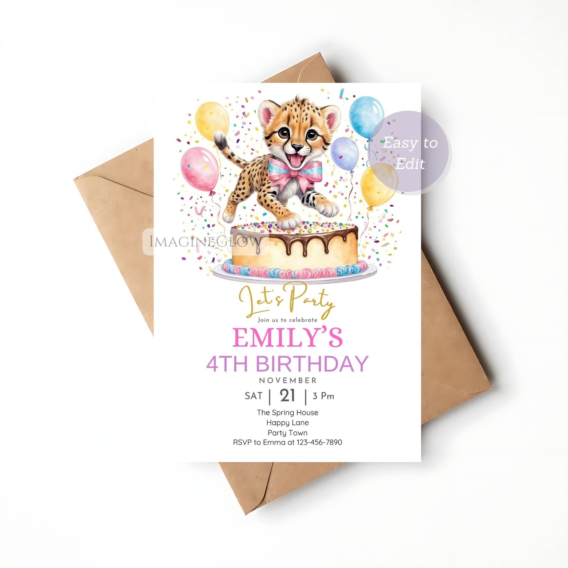 Cheetah birthday invitation with jungle safari theme