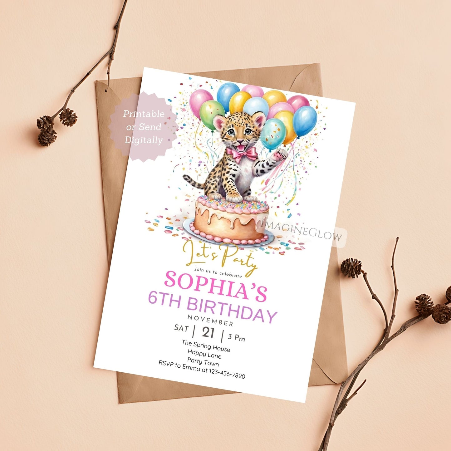 Wild jungle safari-themed leopard birthday invite