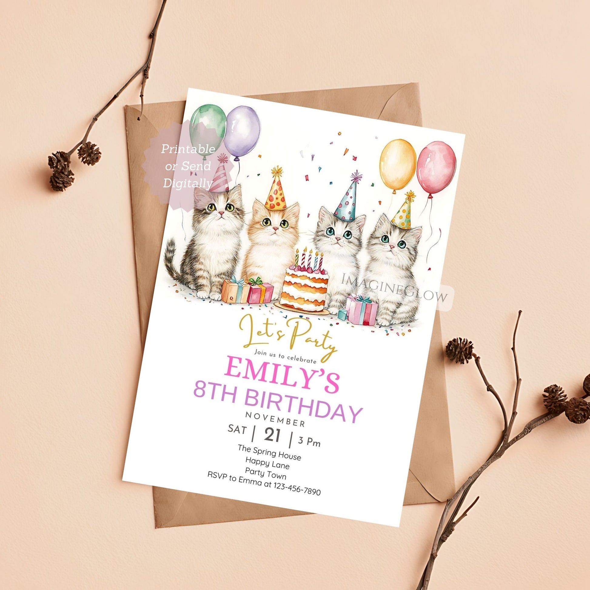 Cute kitten cat birthday invitation for girls