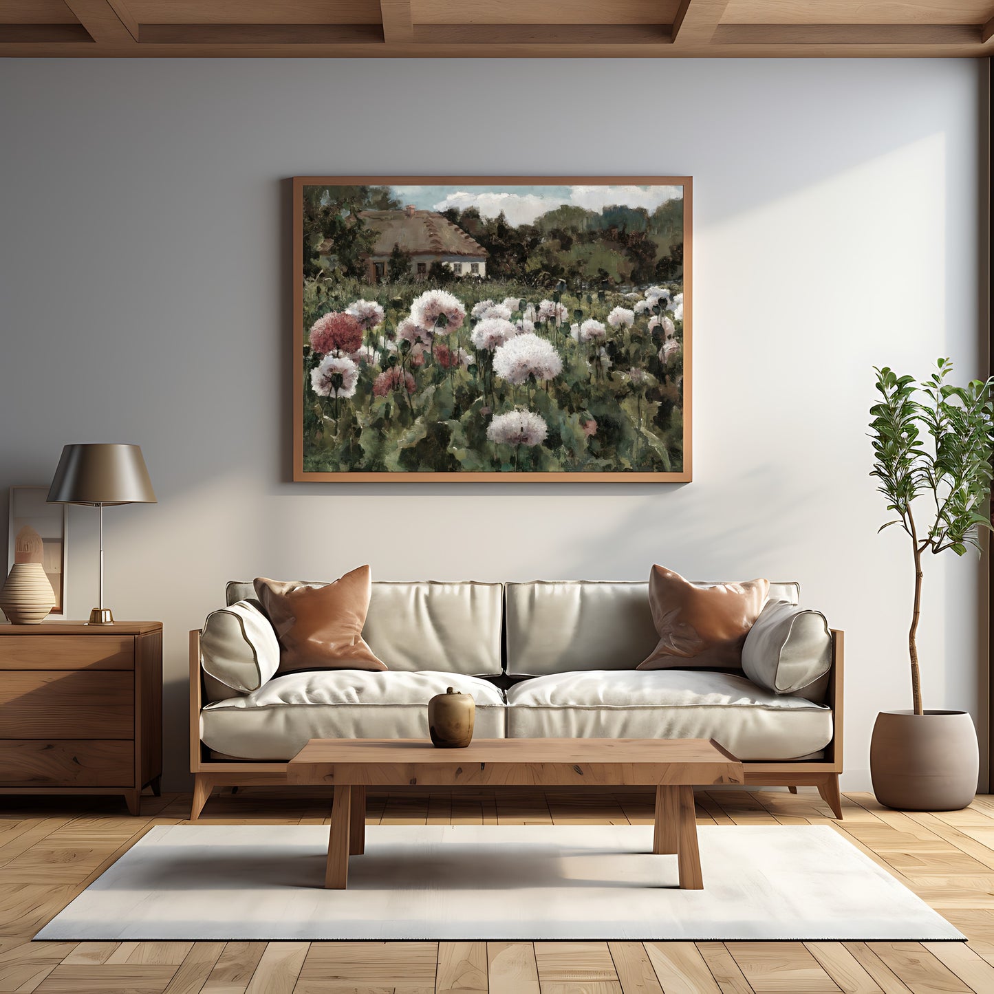 Cozy vintage-style painting of a cottage with hydrangea field