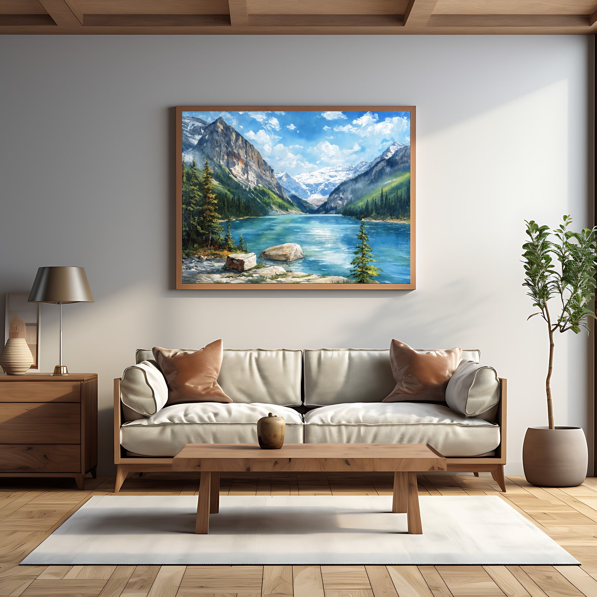 Scenic view of a mountain village in a beautiful art print.