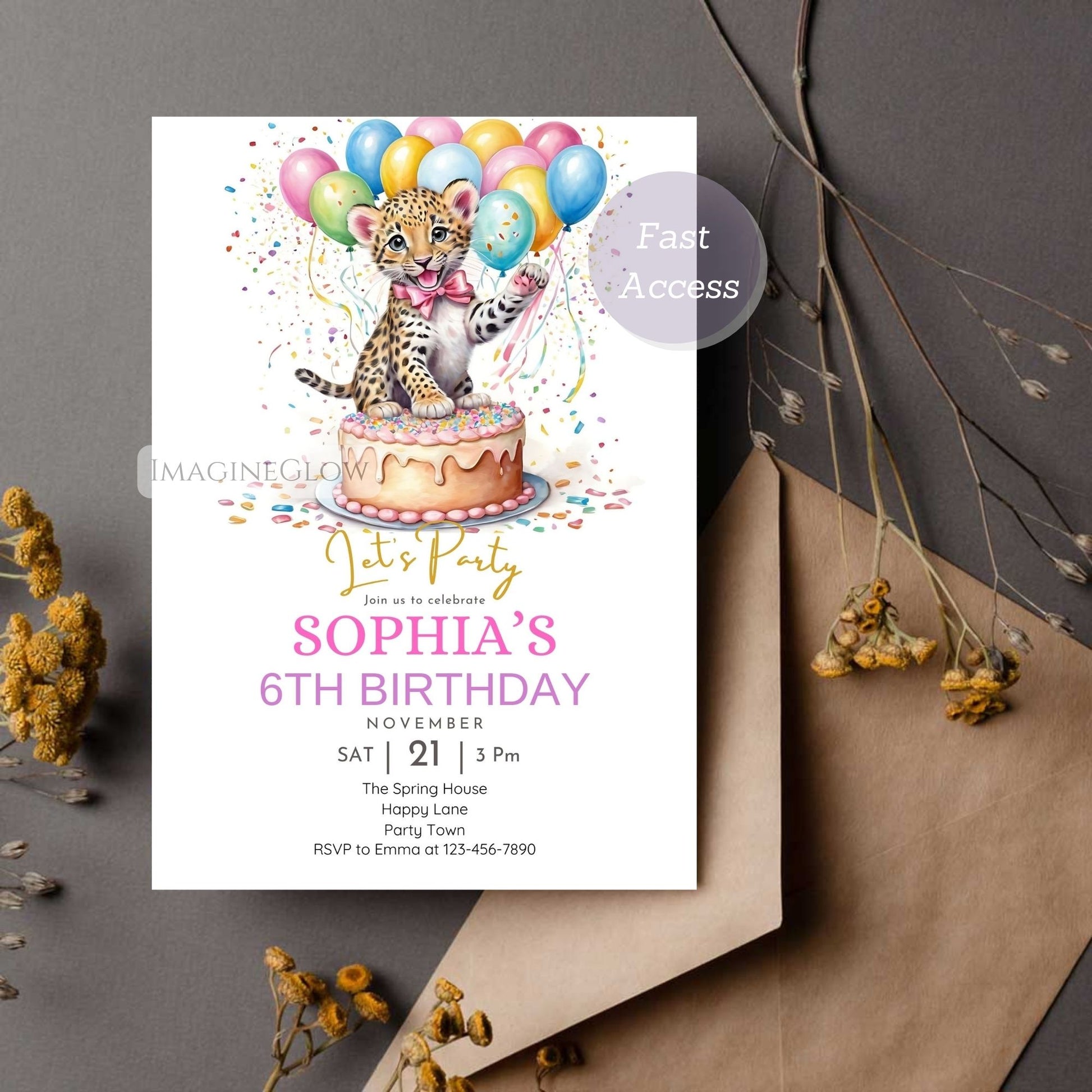 Instant download leopard-themed birthday invite