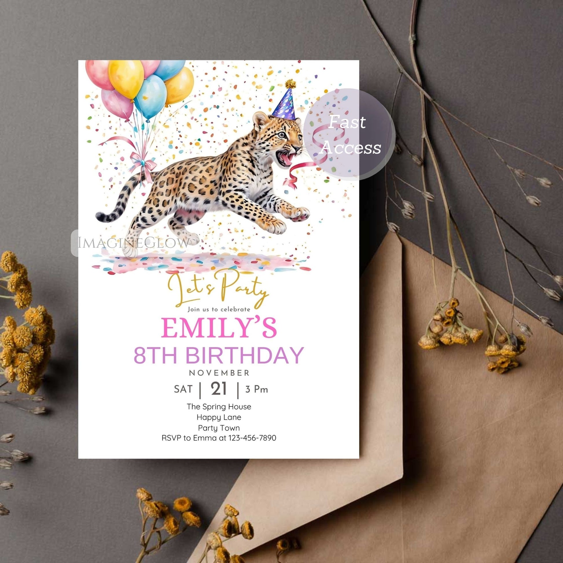 Editable leopard birthday invite for girls