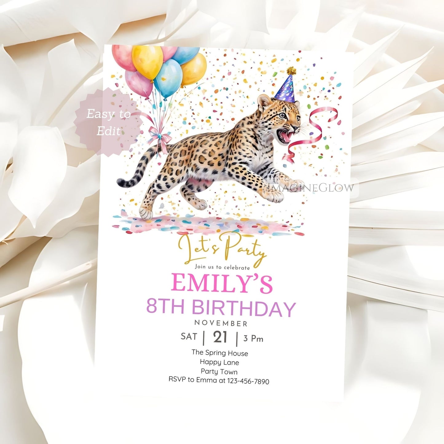 Pink leopard birthday party invitation for girls