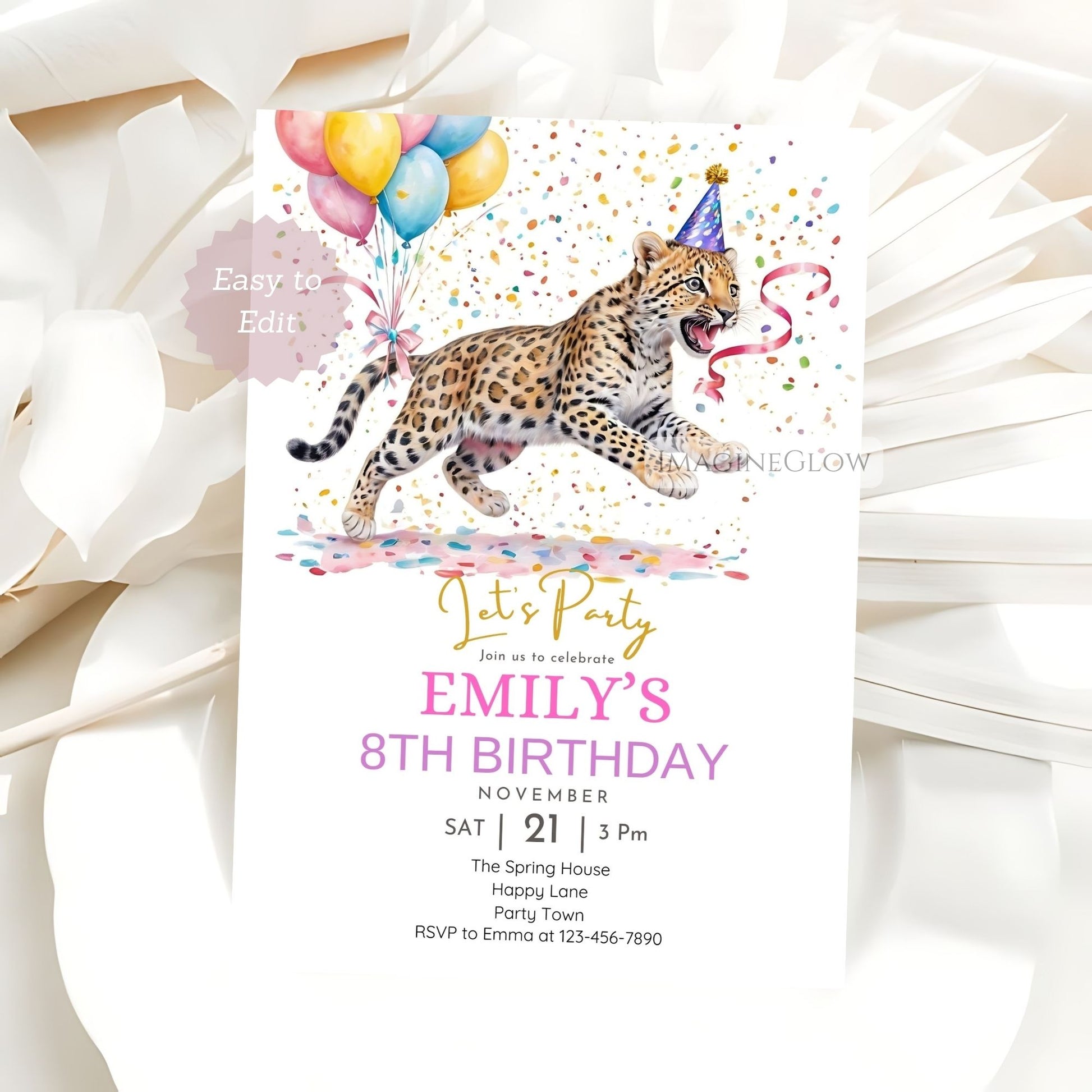 Pink leopard birthday party invitation for girls