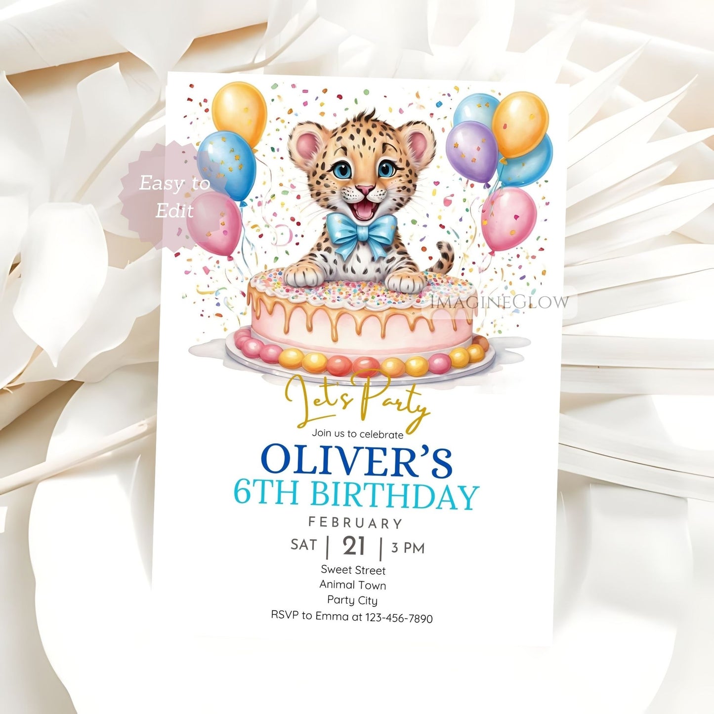 Jungle safari boy’s birthday invitation with leopard design