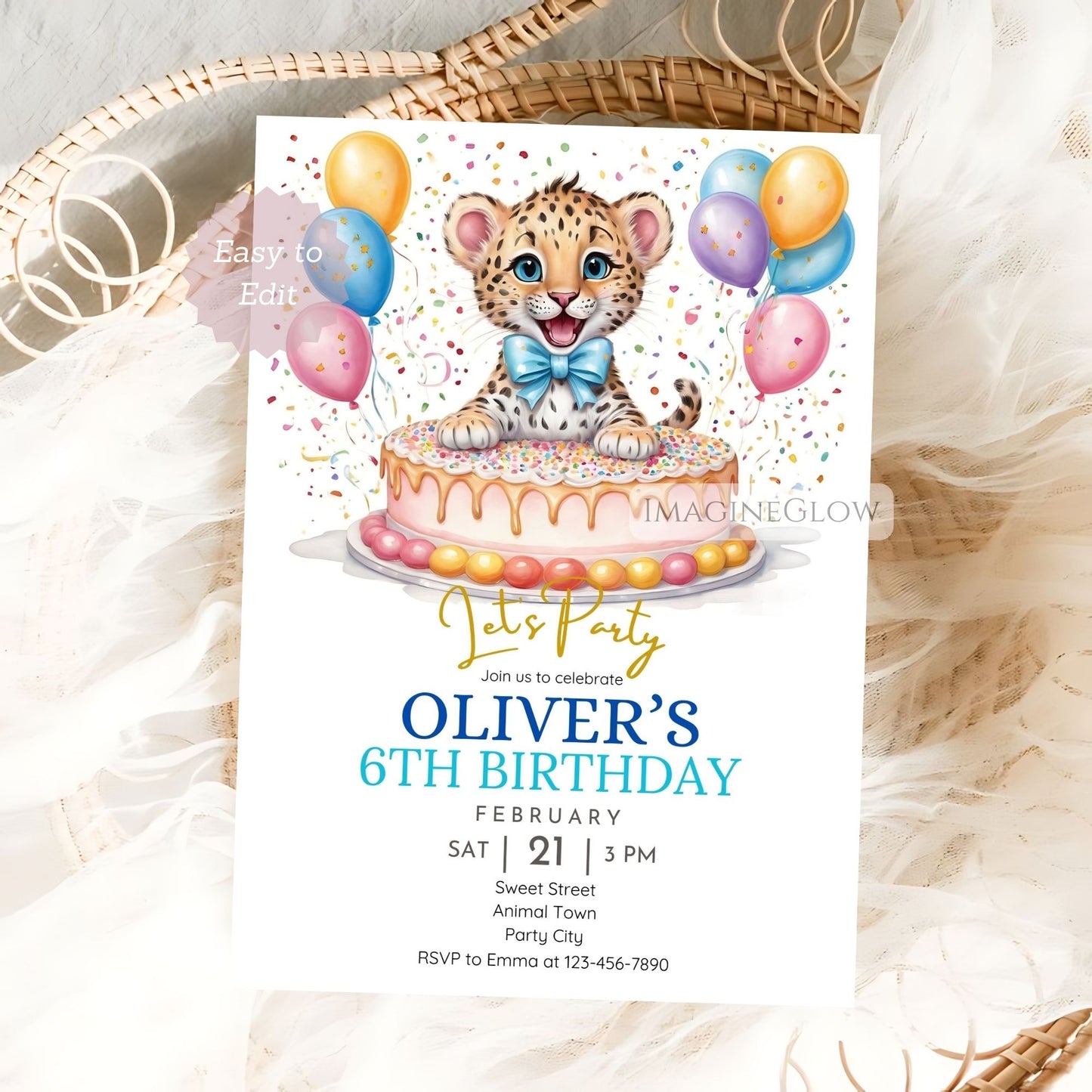 Wild animal party invite for boys featuring leopard
Leopard birthday invitation with jungle design for boys