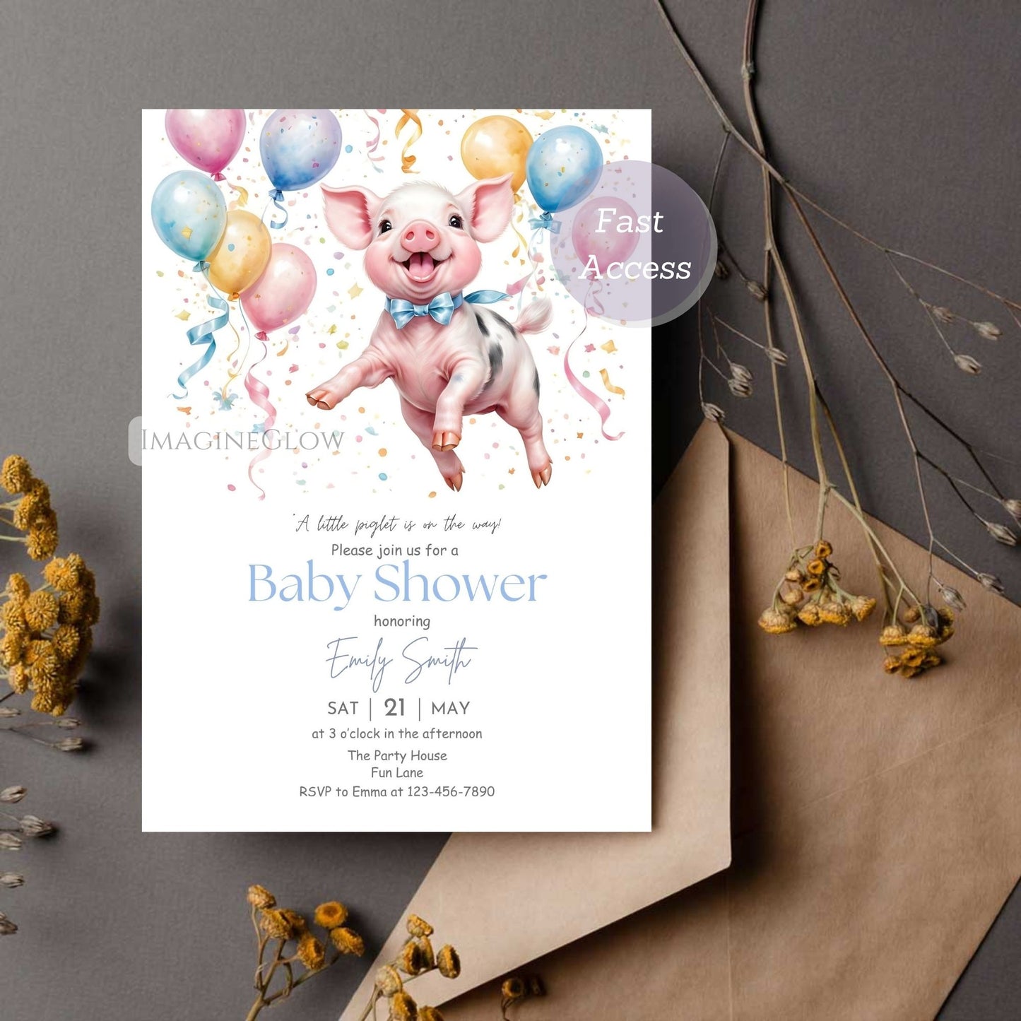 Cute piglet design on a digital baby shower invitation for boys or girls