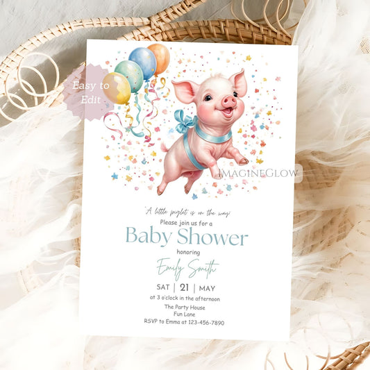 Little pig baby shower invite with a farm animal theme for boys and girls