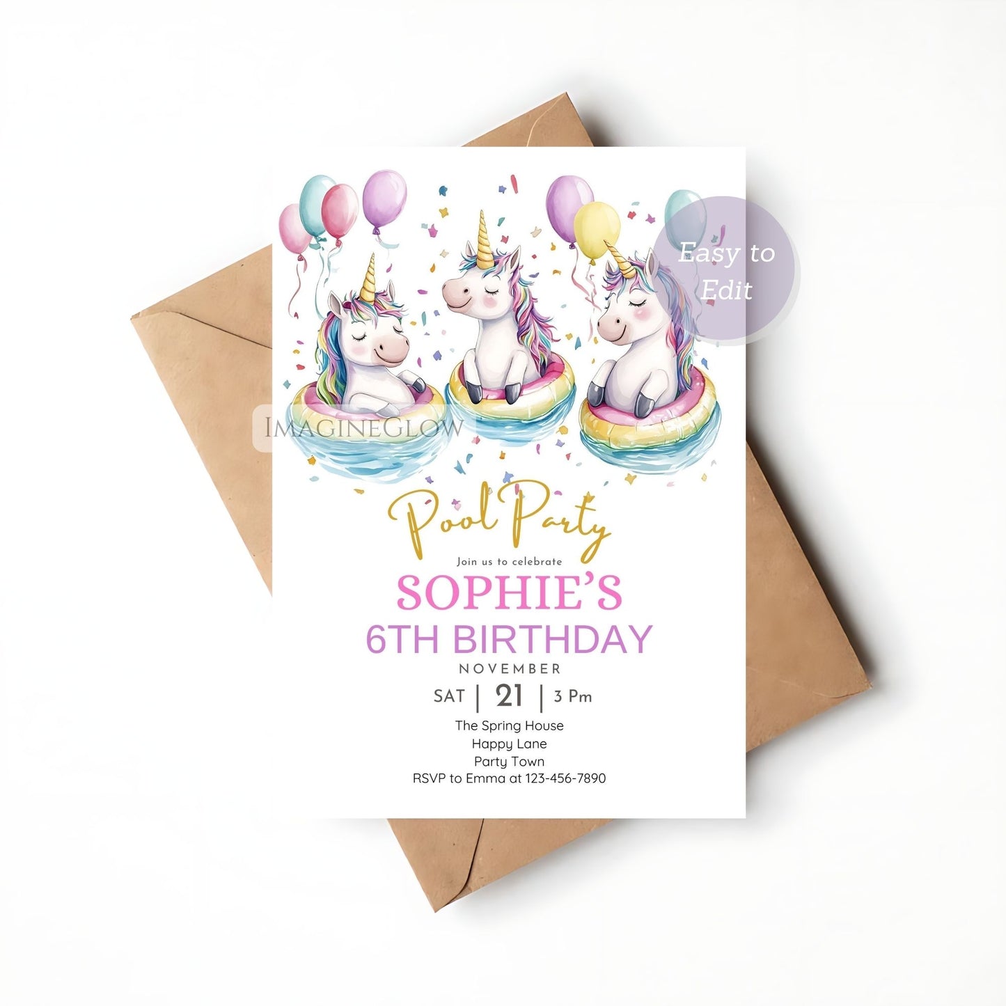 Rainbow pool party invitation with unicorn