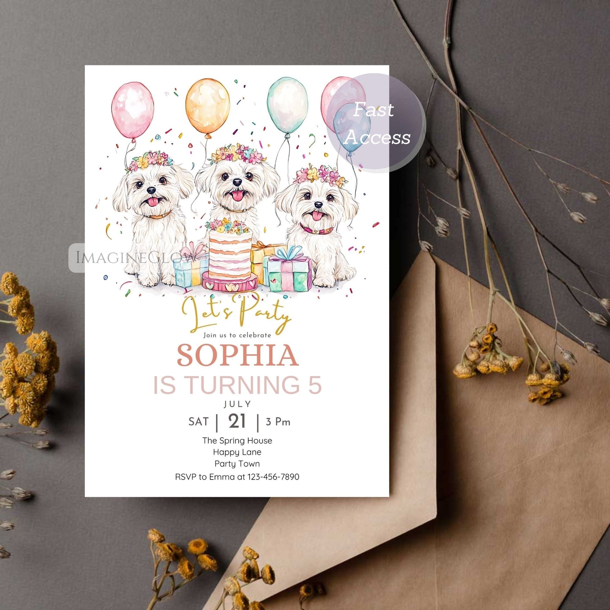 Maltese birthday invitation for dog lovers
Editable Maltese puppy birthday invite