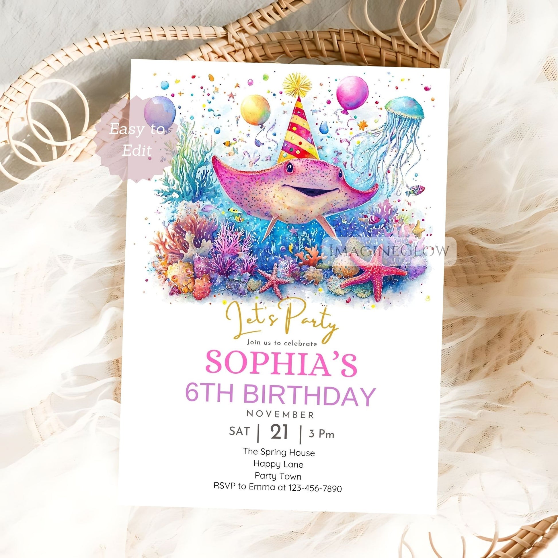 Under the sea stingray party invite for kids
