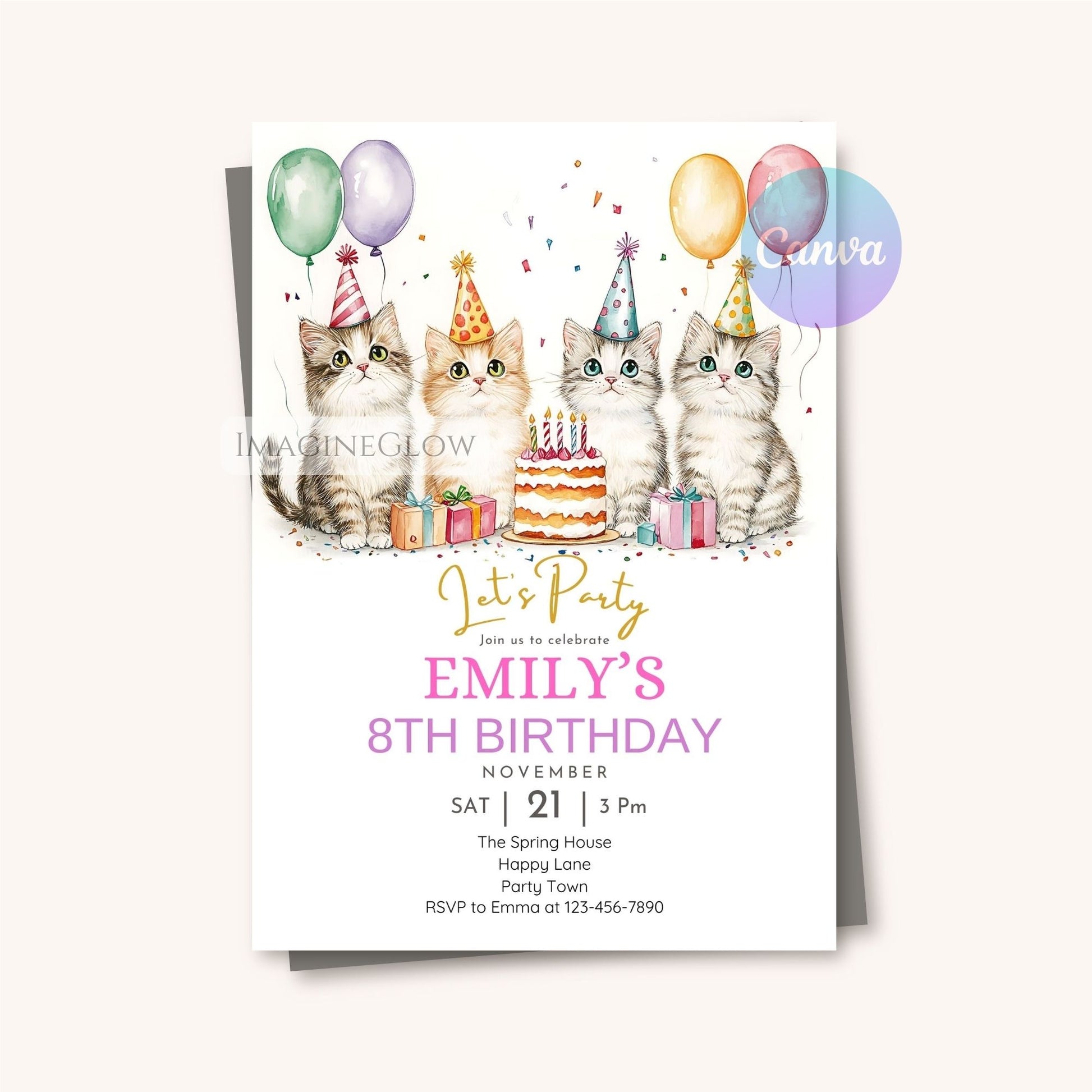 Kitten cat birthday invite with editable text