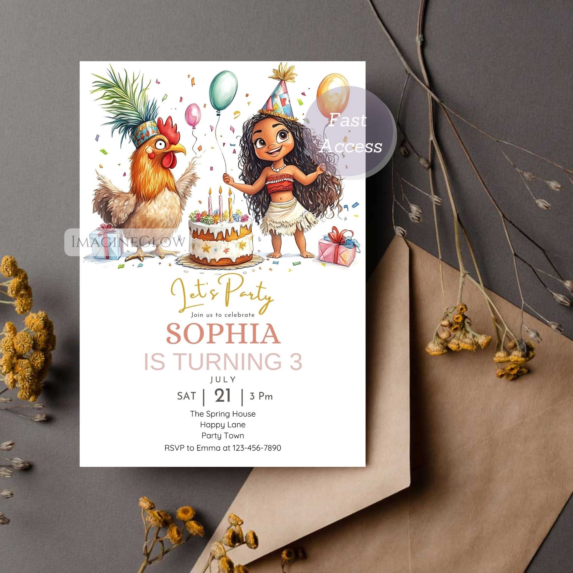 Moana inspired rooster invitation
Tropical kids birthday card