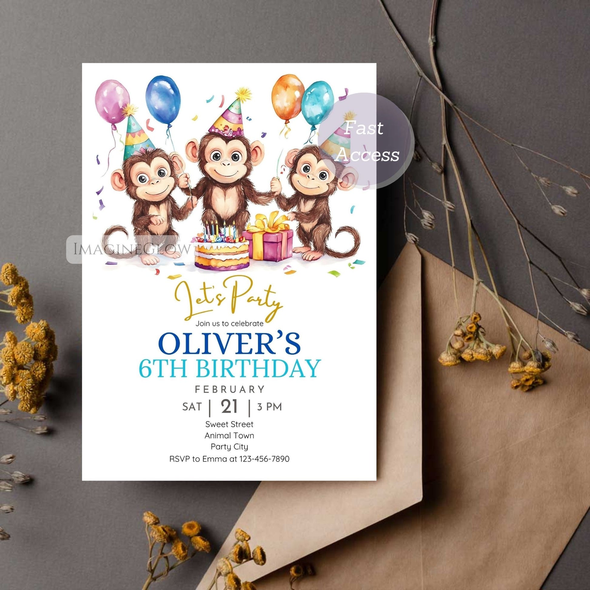 Digital monkey birthday card for boys or girls