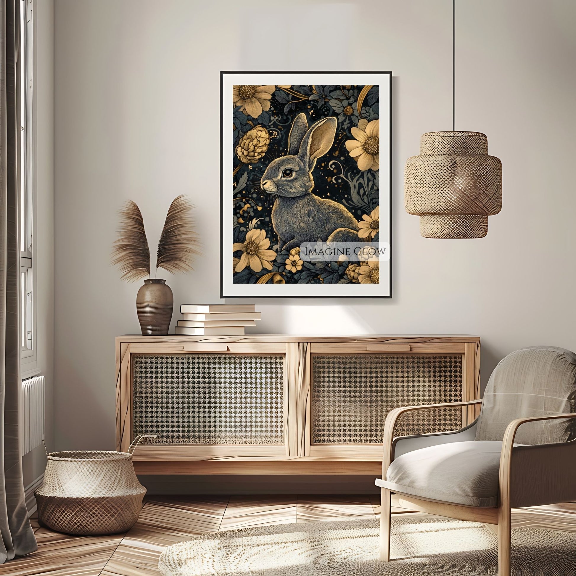 Moody bunny print with dark florals for nature-inspired decor