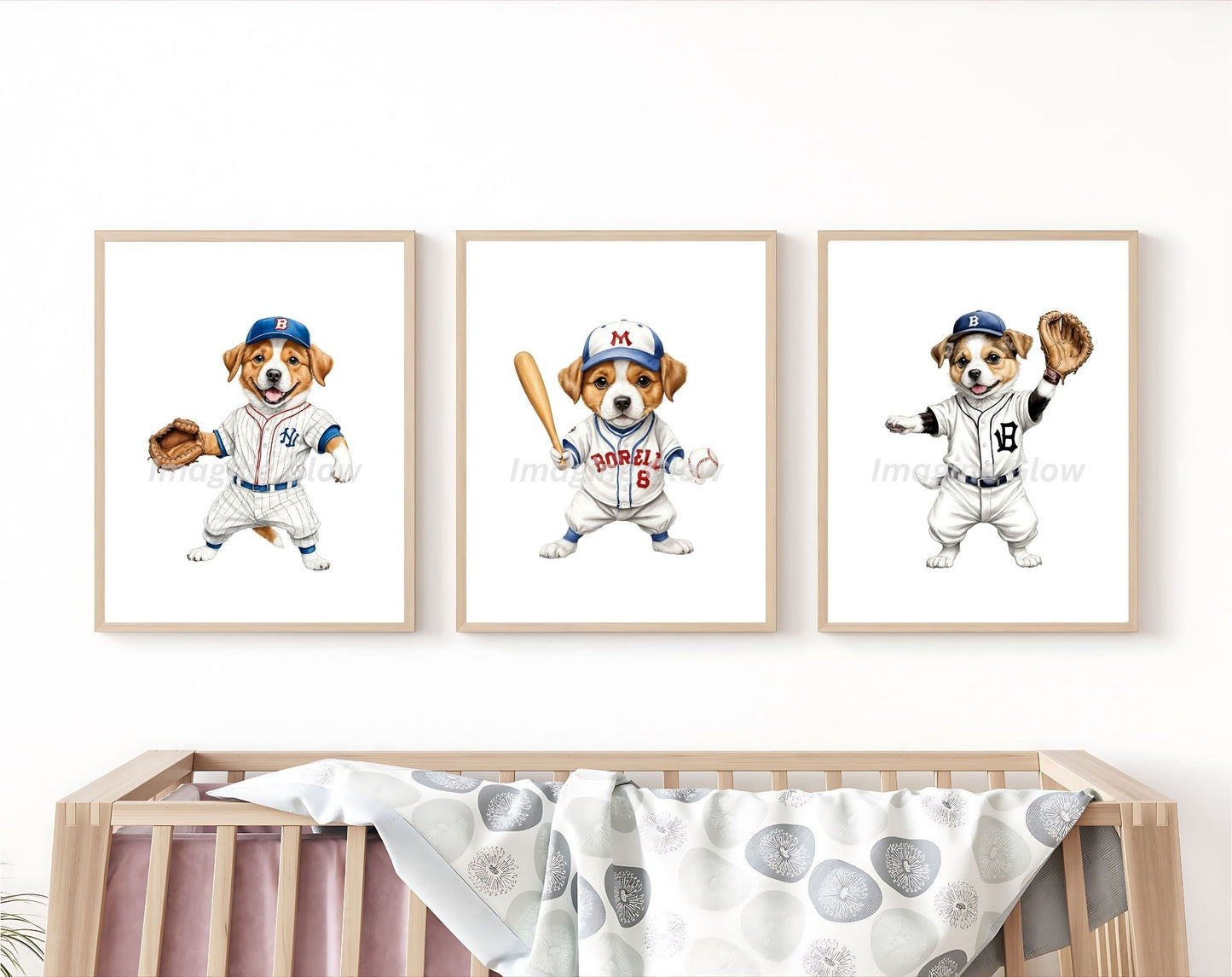 Nursery wall art featuring cute dogs in baseball gear, set of 3.