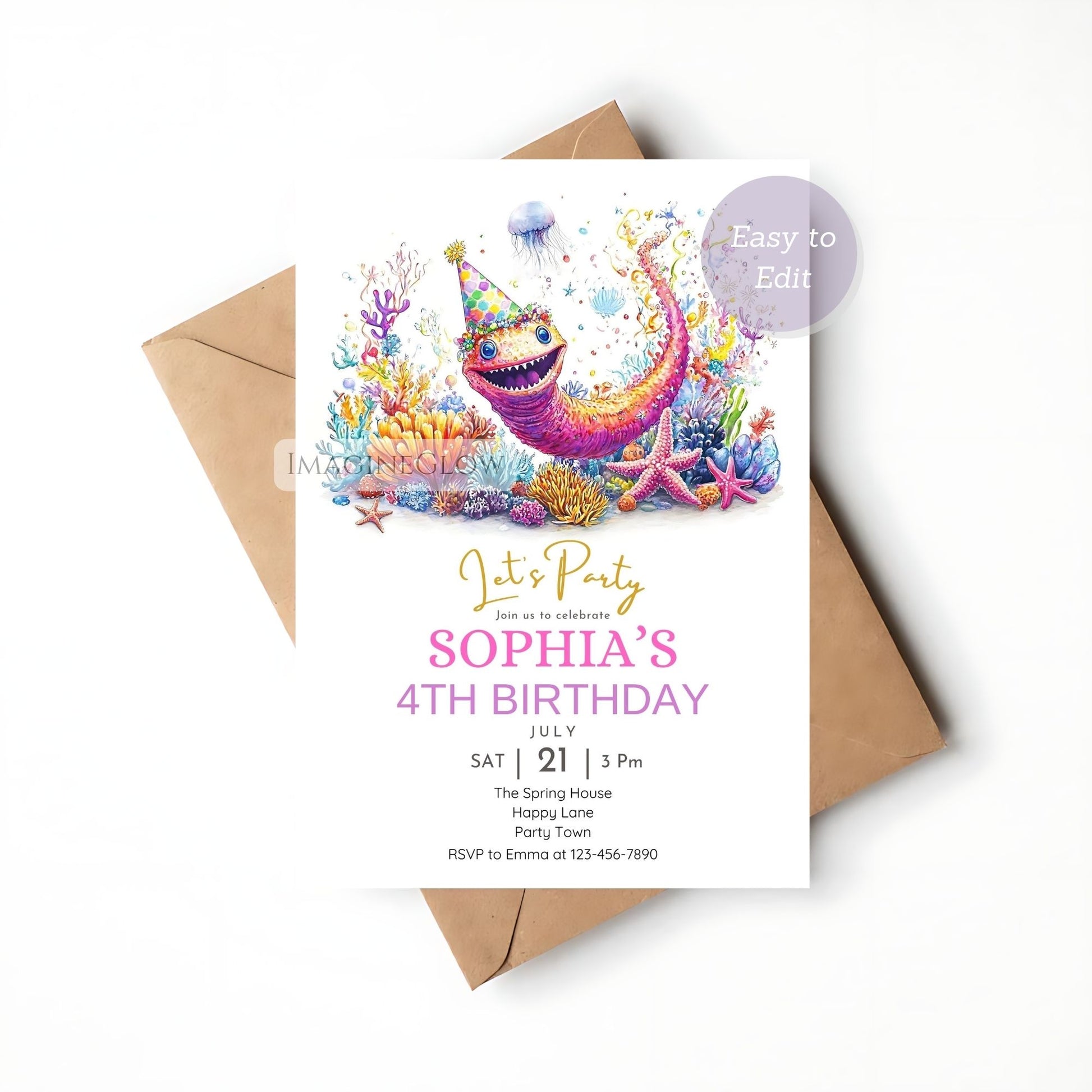 Editable sea creature birthday card