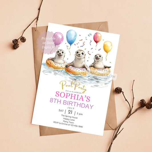 Seal Pool Party Birthday Invitation - Cute Ocean Animal Summer Party Invite