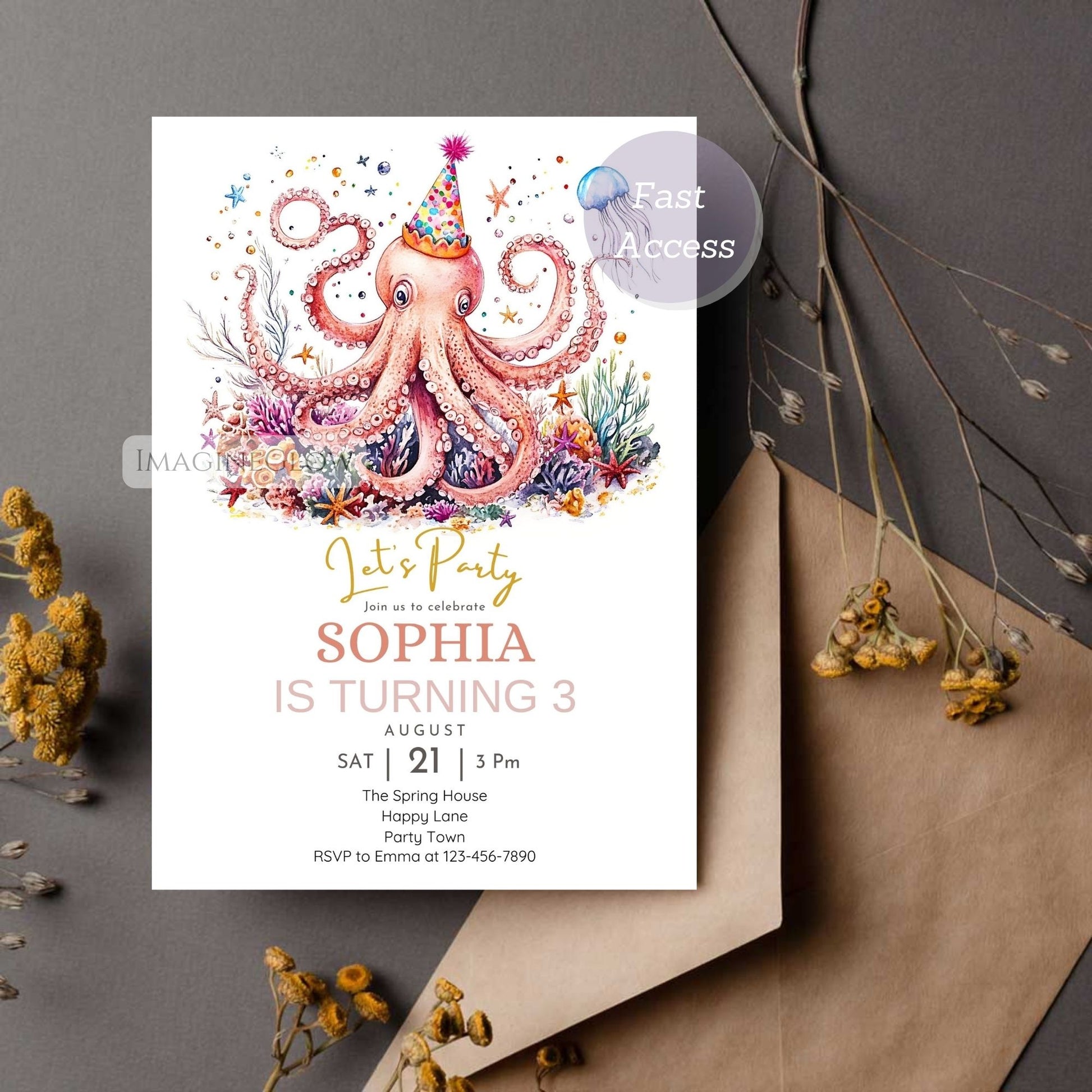 Colorful ocean birthday card with octopus
Kids marine life celebration invite