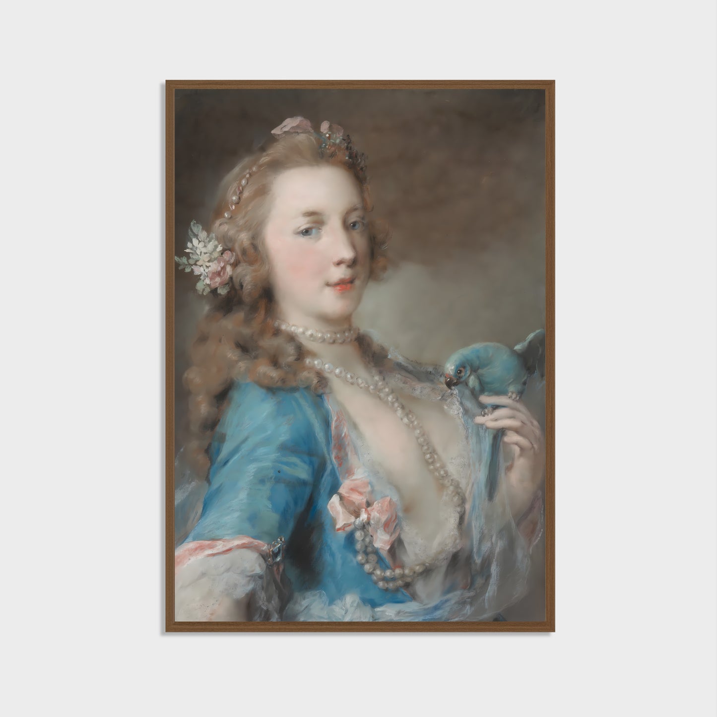 Enhance your decor with this printable vintage portrait wall art featuring a beautiful lady and a parrot. A timeless piece perfect for adding elegance and charm to any room.