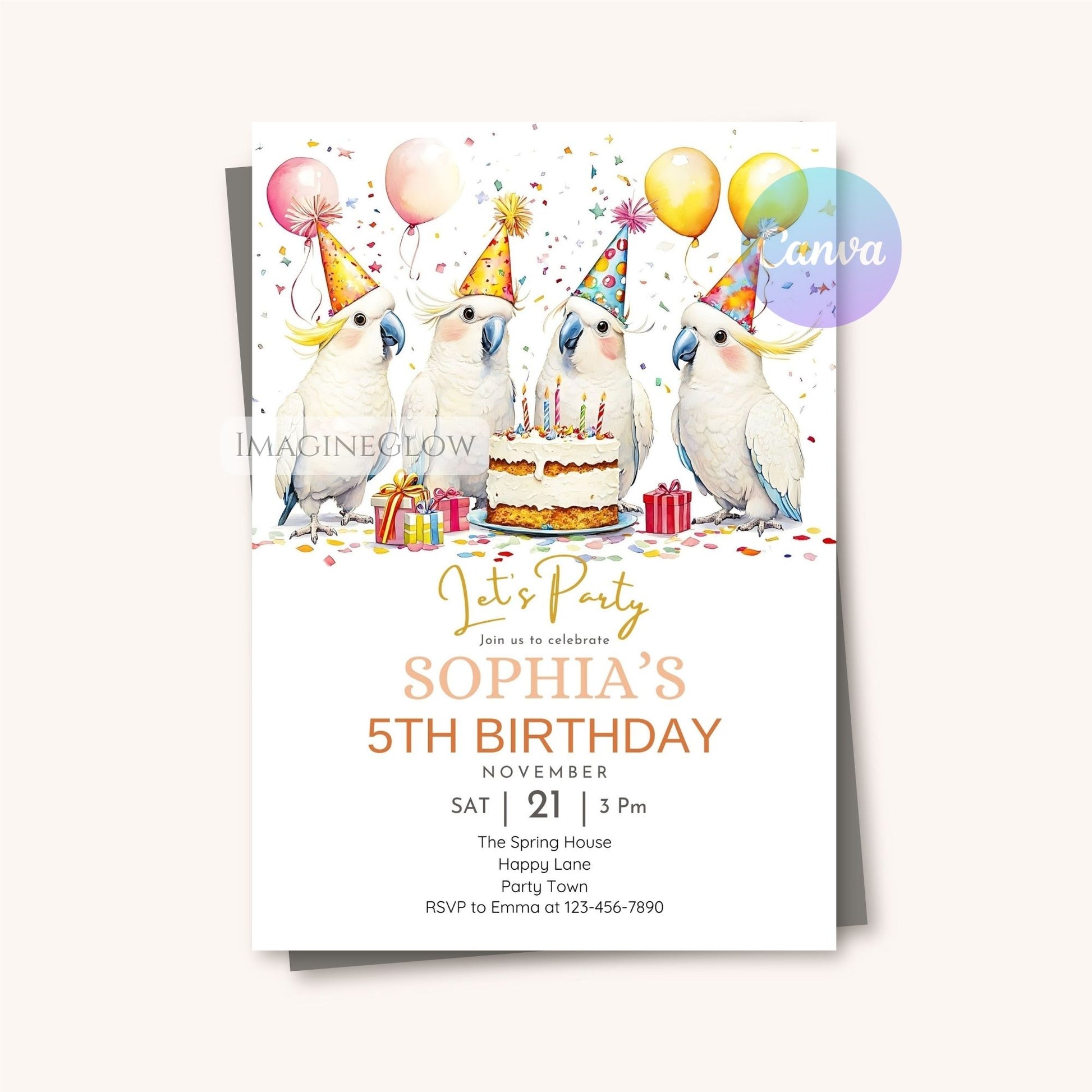 Digital cockatoo birthday invitation for kids
