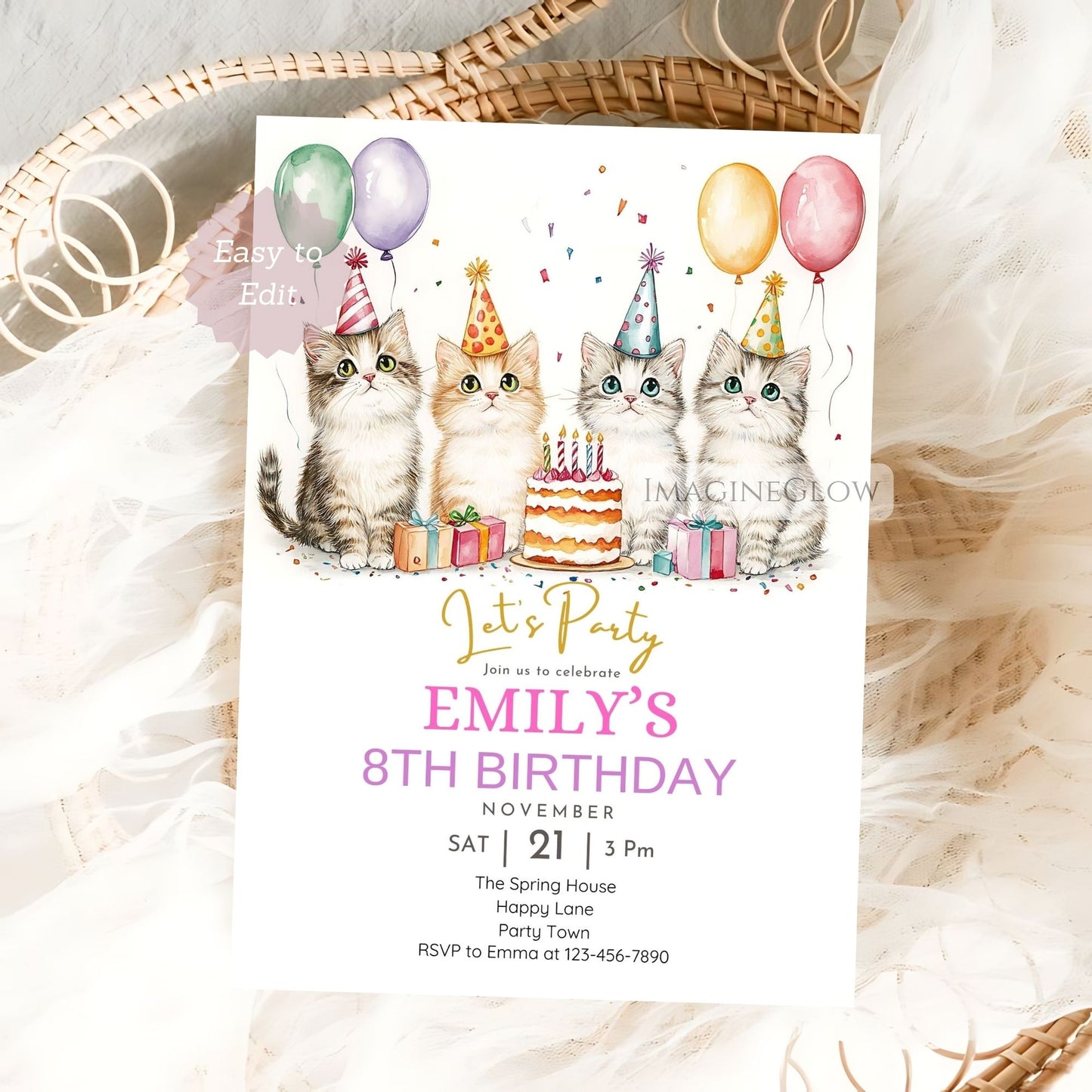 Whimsical kitten birthday card for cat lovers
Meow theme birthday invitation with cute design