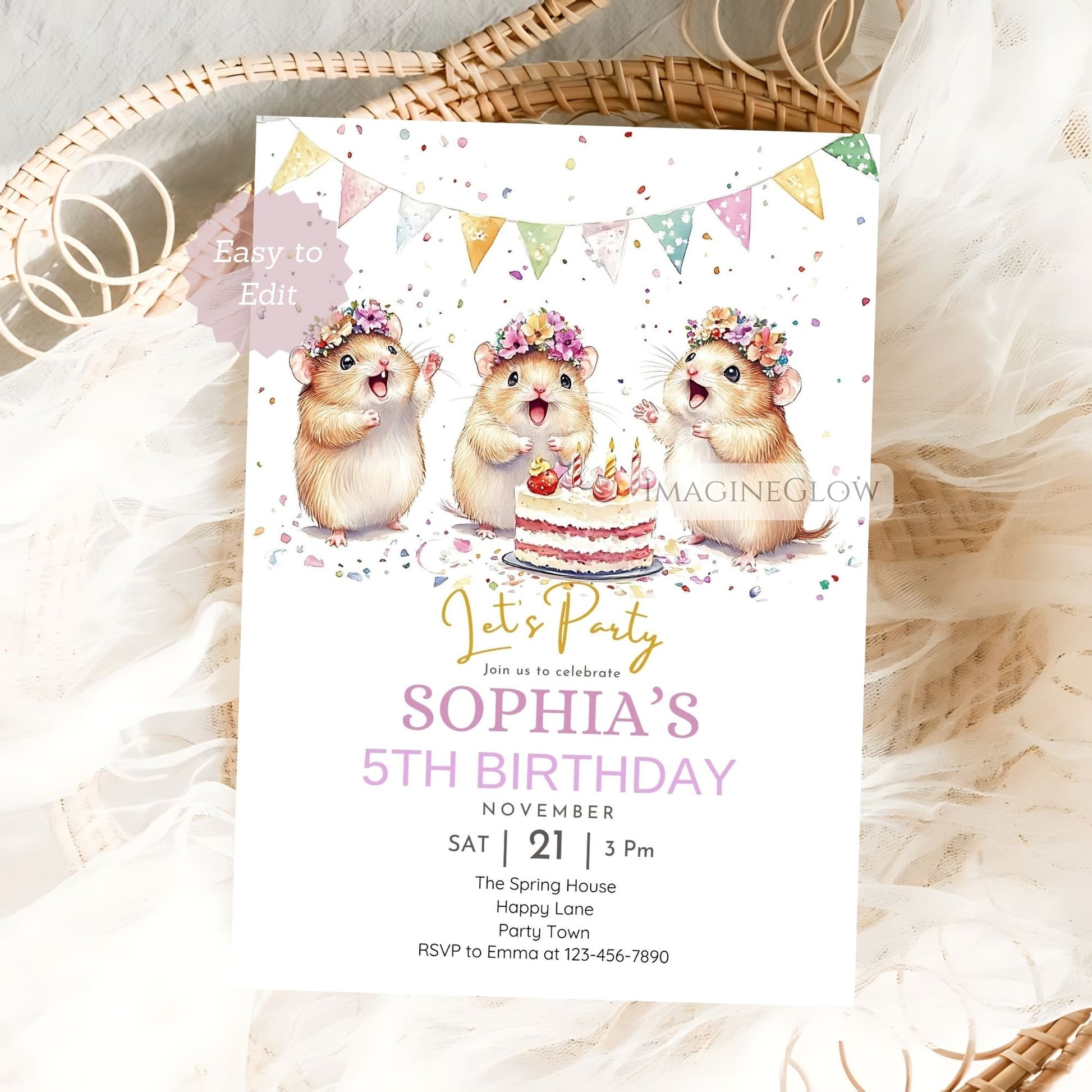 Mouse and hamster party invite for kids
Editable hamster birthday card with mouse theme