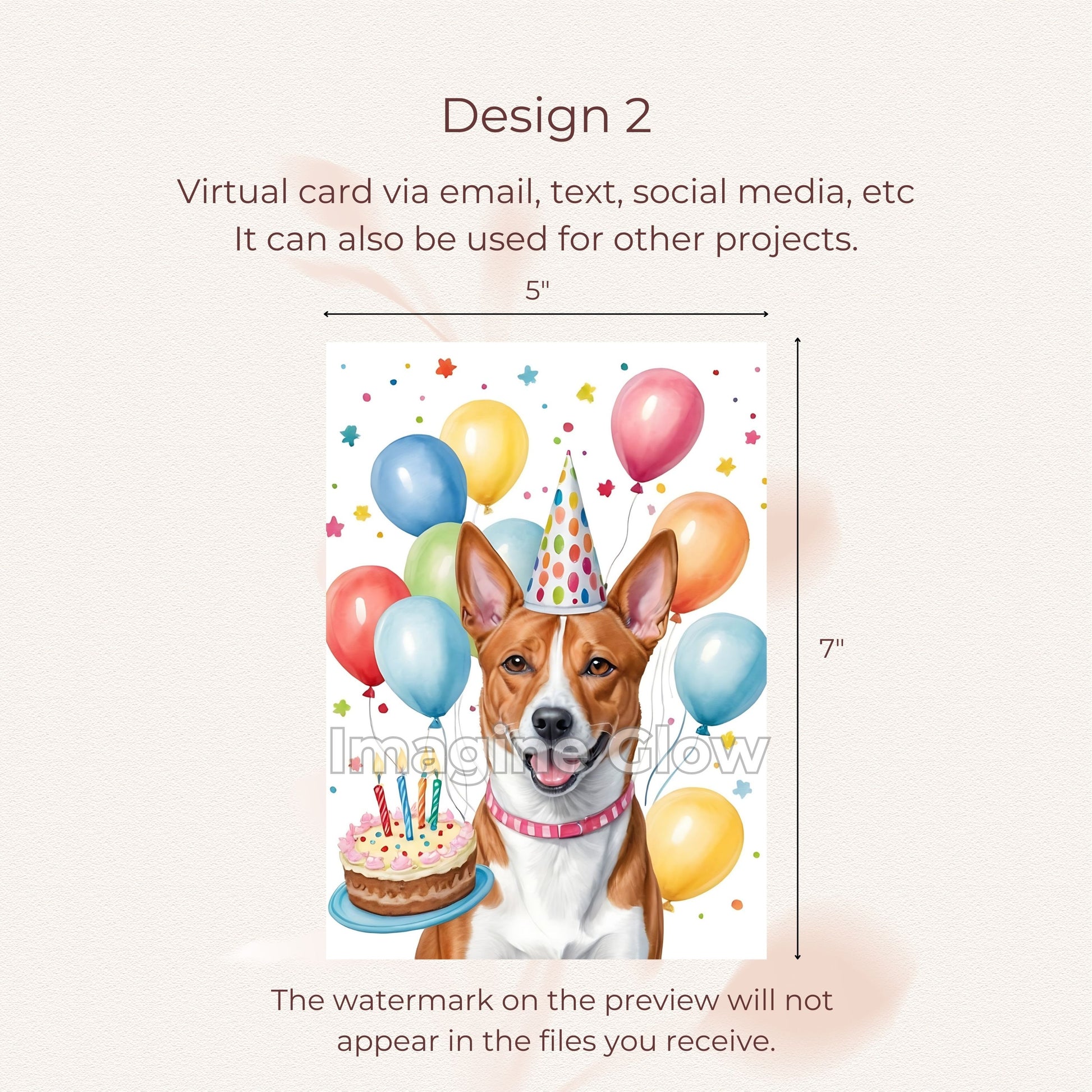 Pet-themed printable birthday card with a Basenji dog illustration.