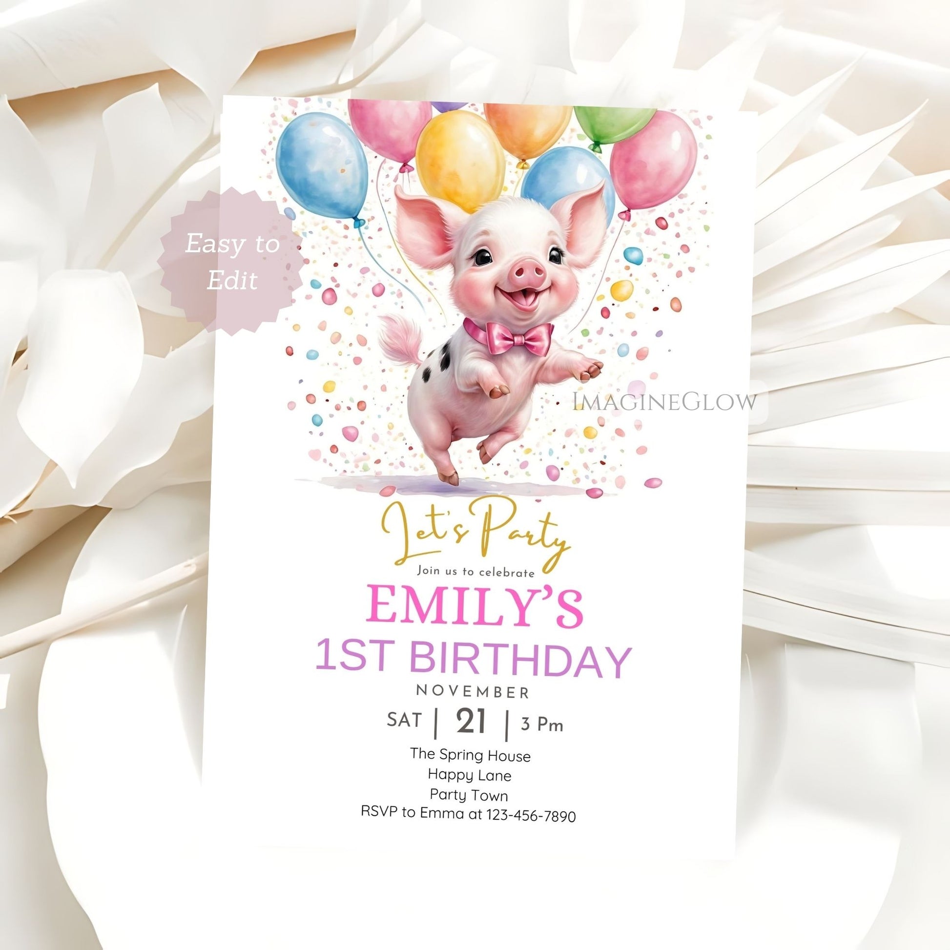 Pig birthday invitation for kids or adults
Farm party pig birthday invitation